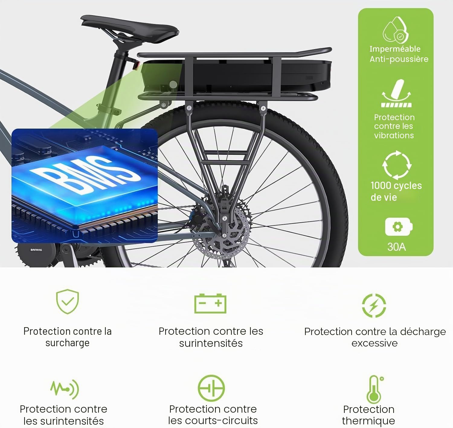 36V20,8Ah Porte-Bagages Batterie, Kit Conversion Vélo Électrique