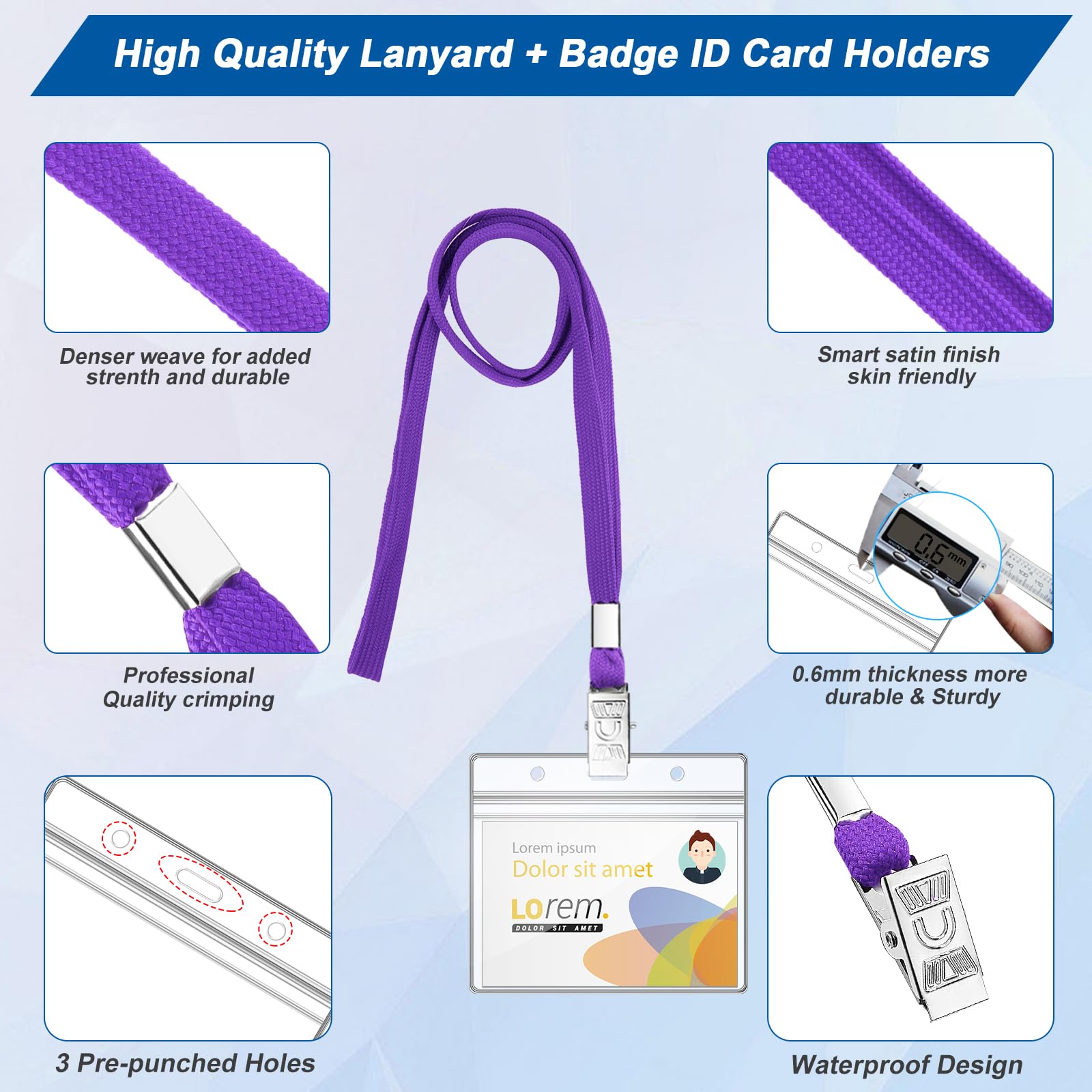 Lot de 100 cordons pour badges d'identité et 100 porte-badges d'identification horizontaux en plastique transparent, tour de cou plat avec clip étanche et refermable pour porte-nom (violet)