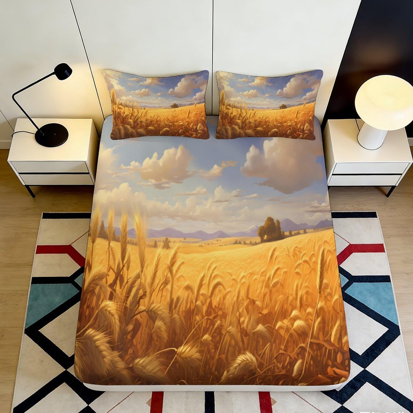 3D Printed Wheat Field Fitted Sheet Microfiber Soft Gold Landscape Bed Cover for Bedroom Guest Room Decor 120x200x25cm