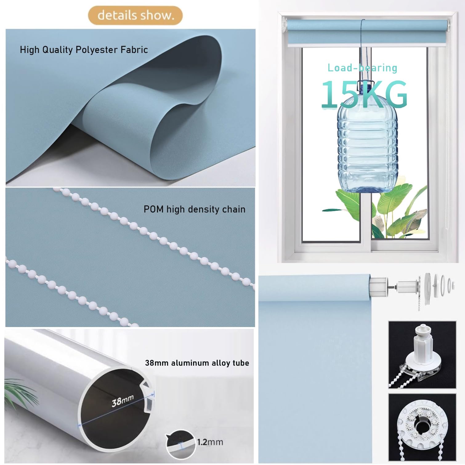 Store enrouleur occultant imperméable en polyester pour la maison et le bureau - Isolation thermique - traction latérale - Taille personnalisée - 135 cm x 100 cm - Installation sans perçage - Bleu