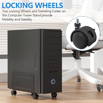AGPTEK CPU Stand, Mobile Computer Tower Holder with 2 Locking Wheels and 2 Caster Wheels, CPU Steel Rolling Mount for Desktop Tower, Width Adjustable (Black)