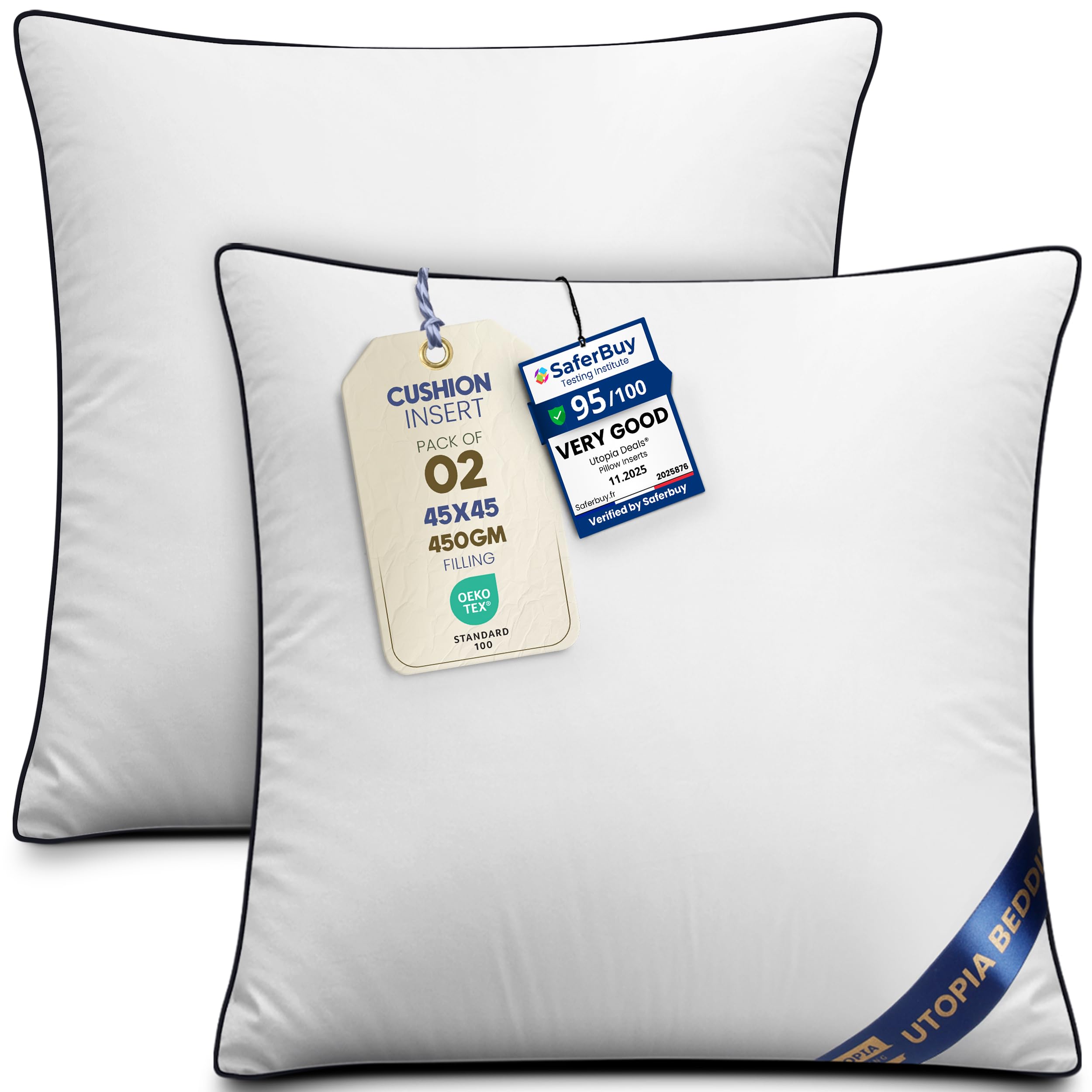 Utopia Bedding White Cushion Inner Pads (Pack Of 2), 45X45 Cm (18 X 18 Inches) Cushion Stuffer Inserts, Hollowfibre Piping Pillows (White)