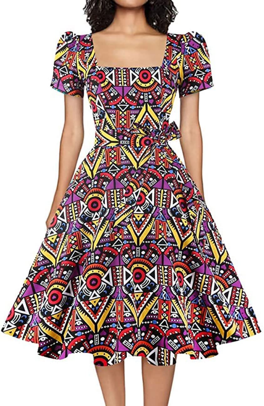 OBBUE Women's Square Neck Dress Vintage 1950s Cocktail Party Dress with Puff Sleeves