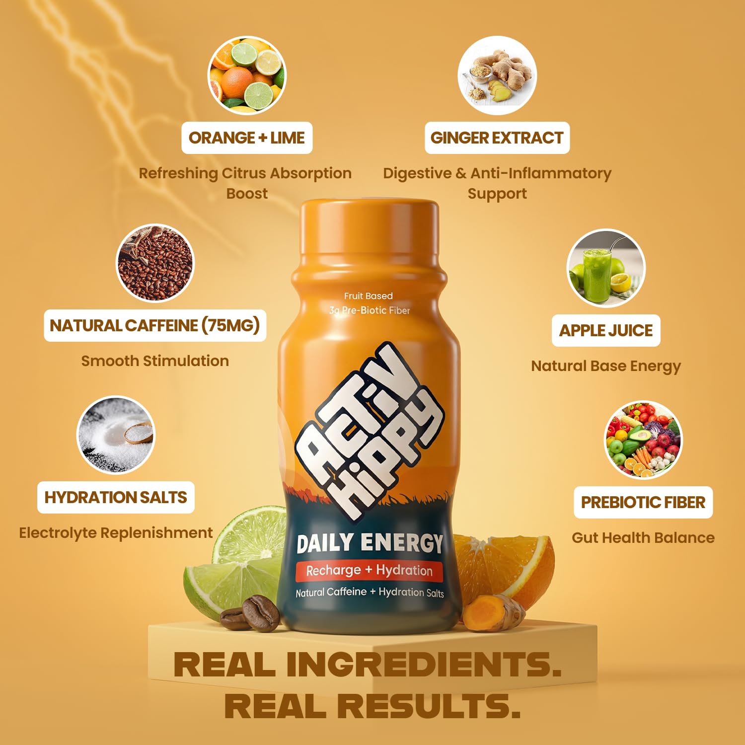 ActivHippy Daily Energy Drink Shots | With 75 mg Natural Caffeine | No Added Sugar | Ginger Lemon Flavour| Pack of 6 x 60 ml 3