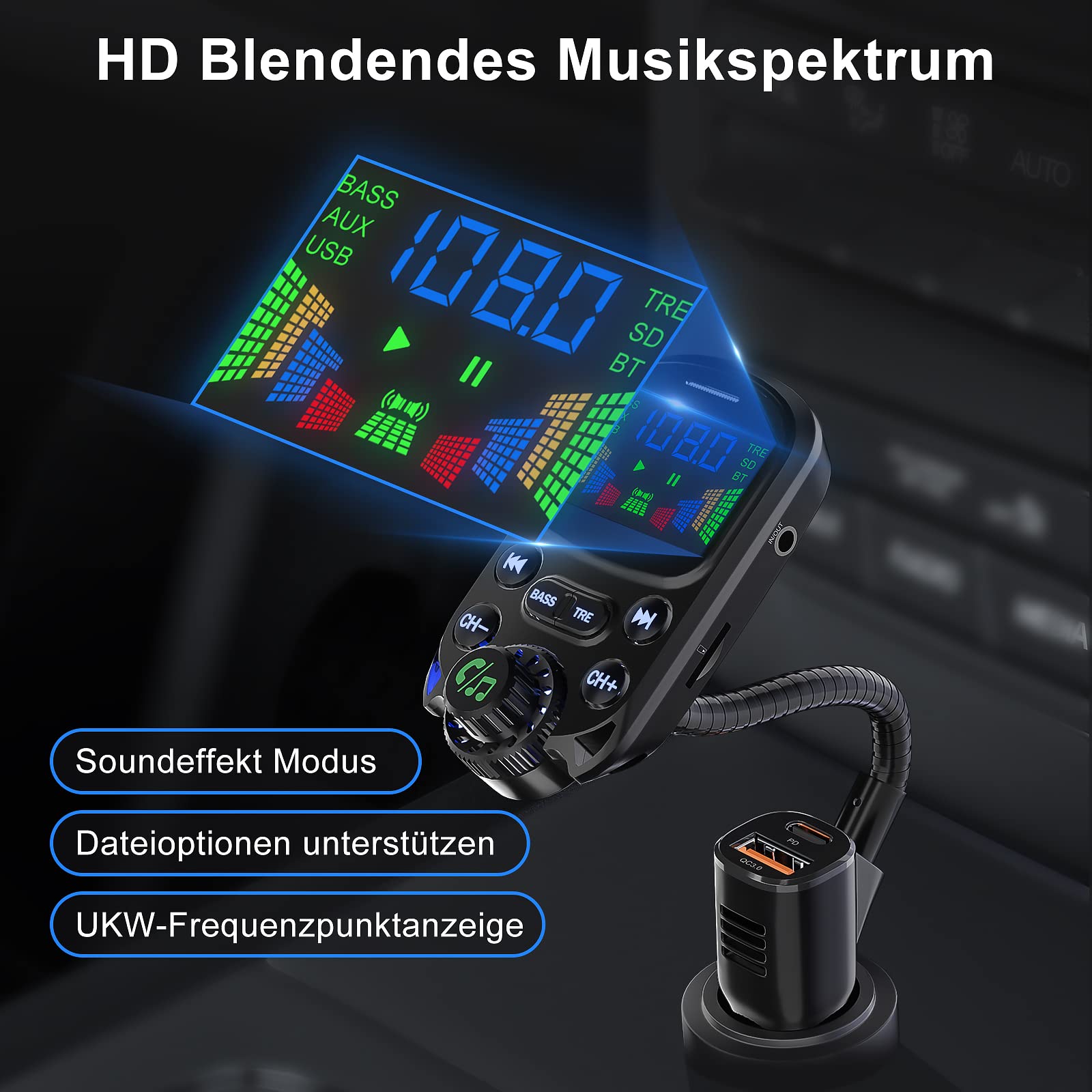 Bluetooth 5.3 FM Transmitter für Auto - 30W Dual USB Ladegerät mit QC3.0 & PD3.0, Kfz Radio mit Freisprechanlage und Höhen- und Bassanpassung, unterstützt U Disk/TF Karte/AUX