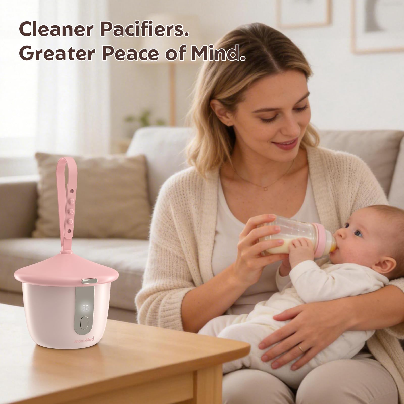 MOMMED Sterilizzatore Ciuccio Portatile UV-C, Custodia Sterilizzatore per Ciuccio con 6 LED, Pulizia Rapida in 1 Minuti, Porta Ciuccio Ricaricabile USB-C con Display, Ideale per Casa e Viaggio, Rosa