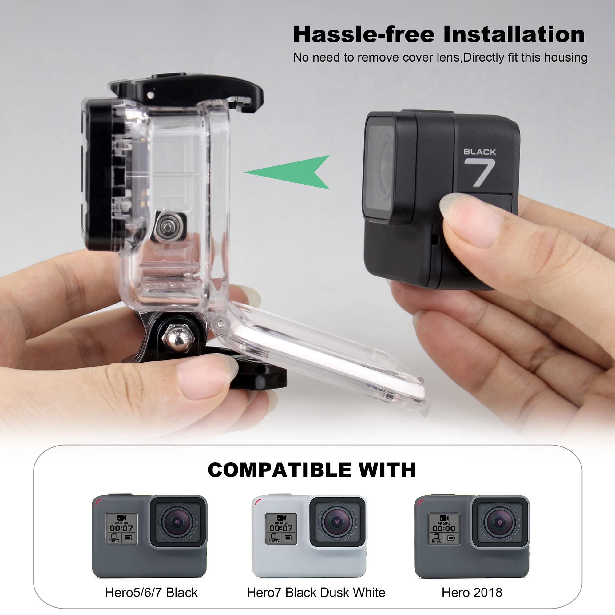 GEPULY Custodia impermeabile con filtri subacquei per fotocamere GoPro Hero 5, 6, 7, Black Hero (2018), 45 m, con filtri per close-up rosso/snorkel/magenta/5X HD