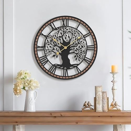 Micasso Reloj de pared grande sin tictac árbol de la vida de metal negro con marco de madera maciza, reloj silencioso a pilas para decoración de