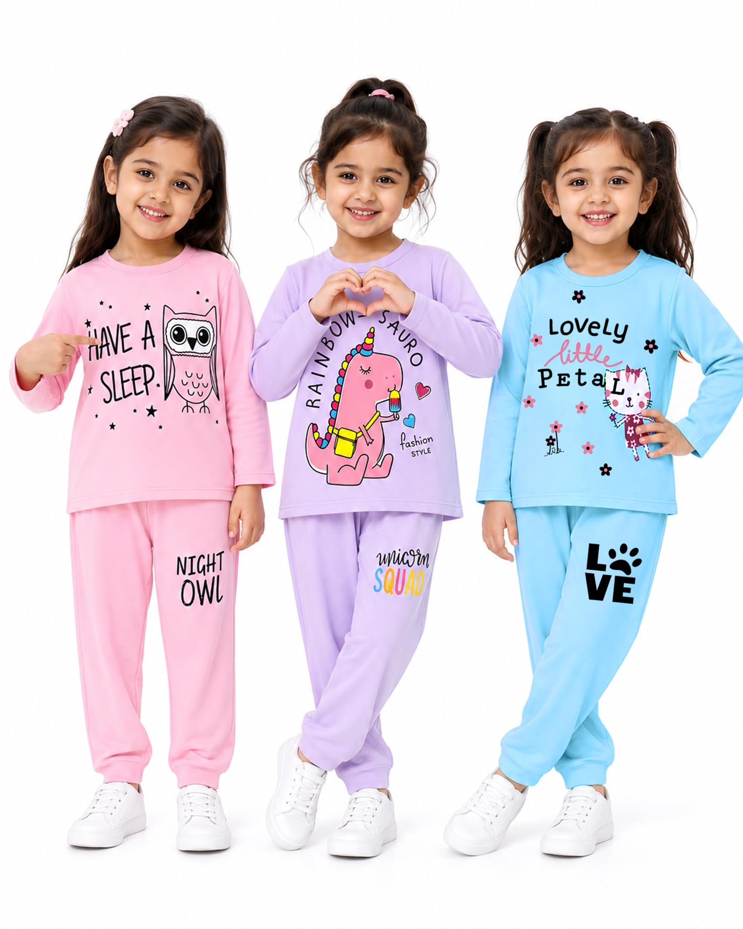 Girls Cotton T-shirts & Pajamas Set | Full Sleeve Printed Top & Pajama | Soft & Breathable Sleepwear | Comfortable Elastic Waist | Pack of 3-image-43