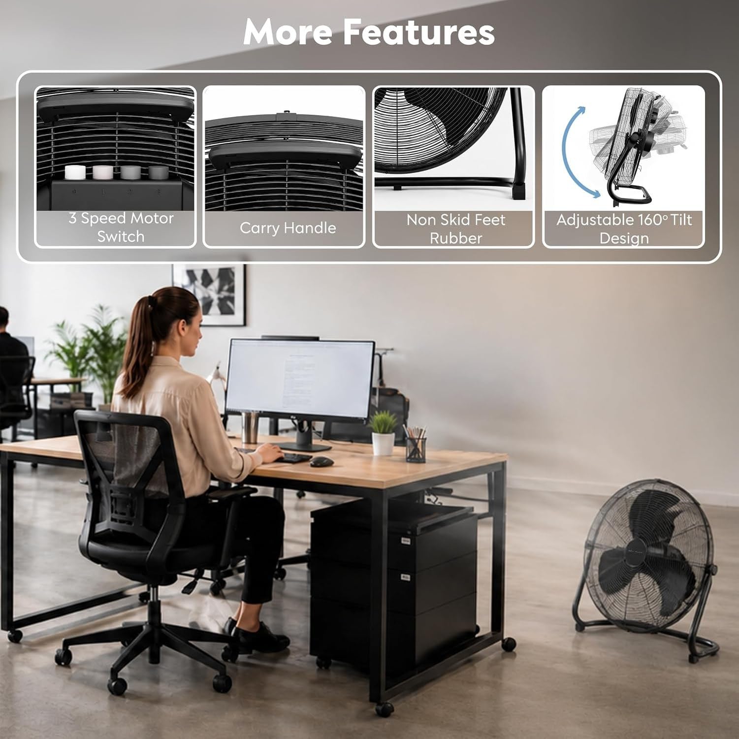 Ventilador de Pie 50 cm, Ventilador de Aire Potente de Alta Velocidad para Circular Aire, con 3 Velocidades e Inclinación Ajustable, para Hogar Oficina y Gimnas, Black Mono, 20"