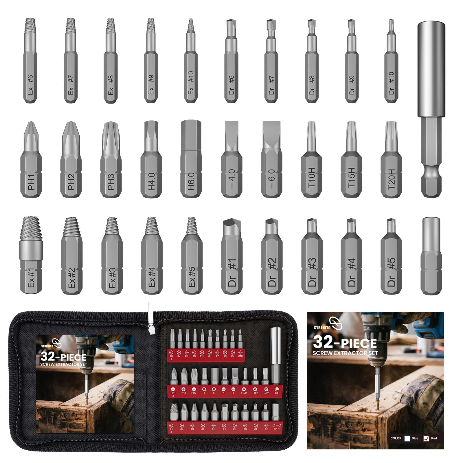 STREBITO 32PCS Damaged Screw Extractor Set, Stripped Screw Extractor(Red)
