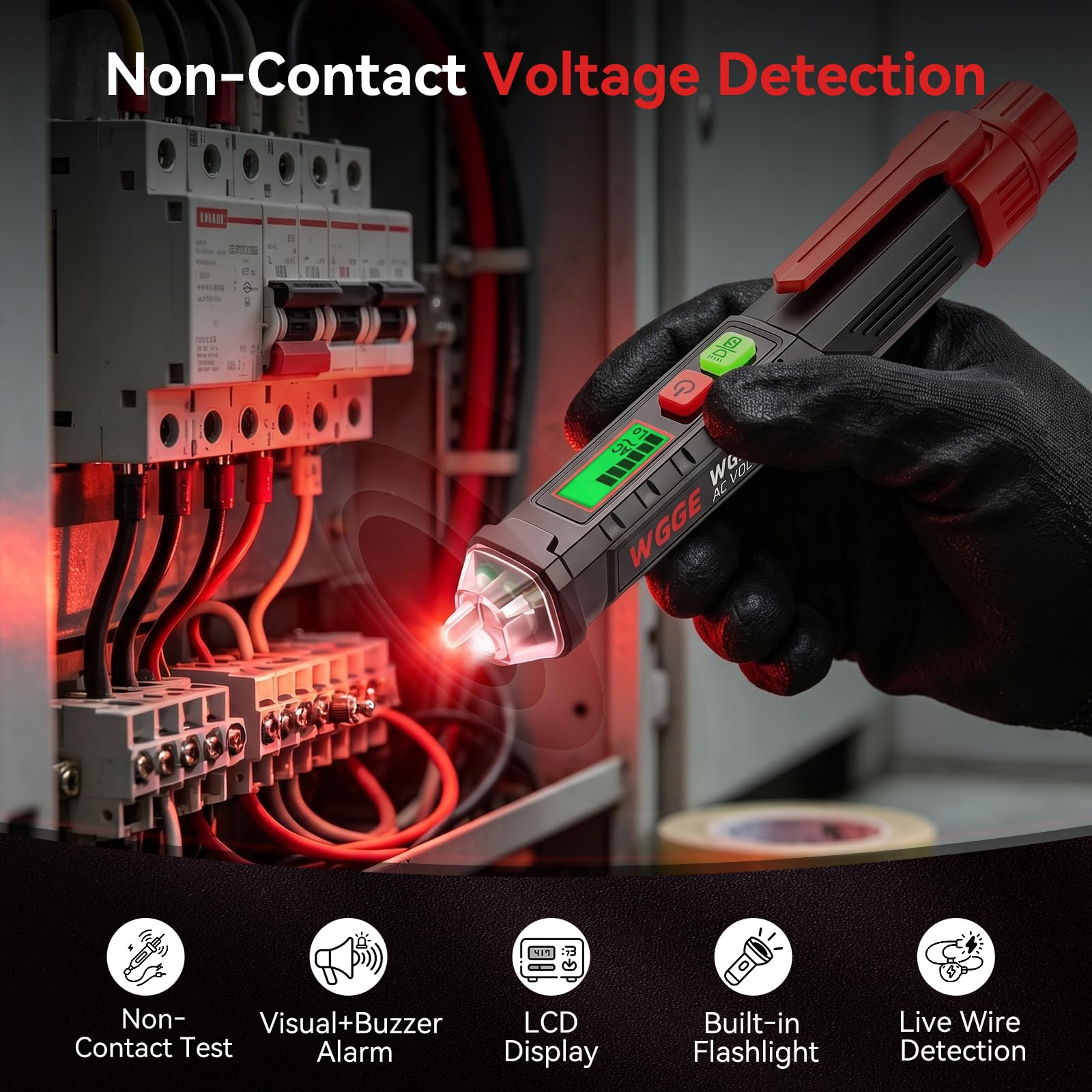 WGGE AC Voltage Tester,Non-Contact Voltage Tester, Dual Range 12-1000V/48-1000V with LCD Display, Buzzer Alarm, Flashlight and Live/Neutral Wire Detection — Amazon image 3