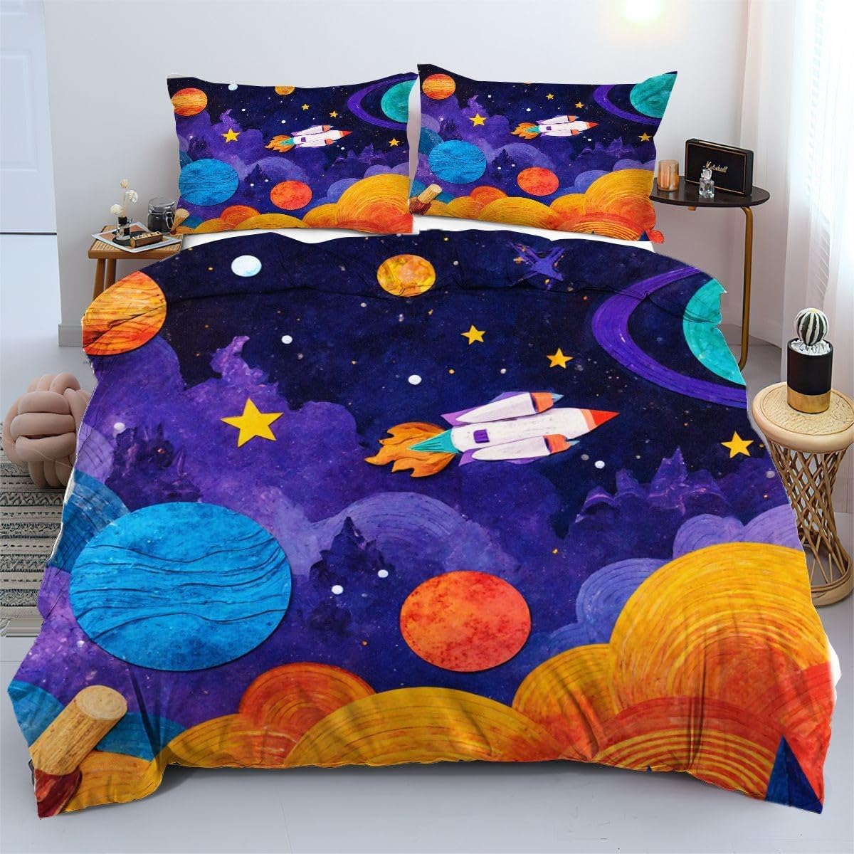 Linge de lit 220x240 cm fusée orange pour chambre d'enfant