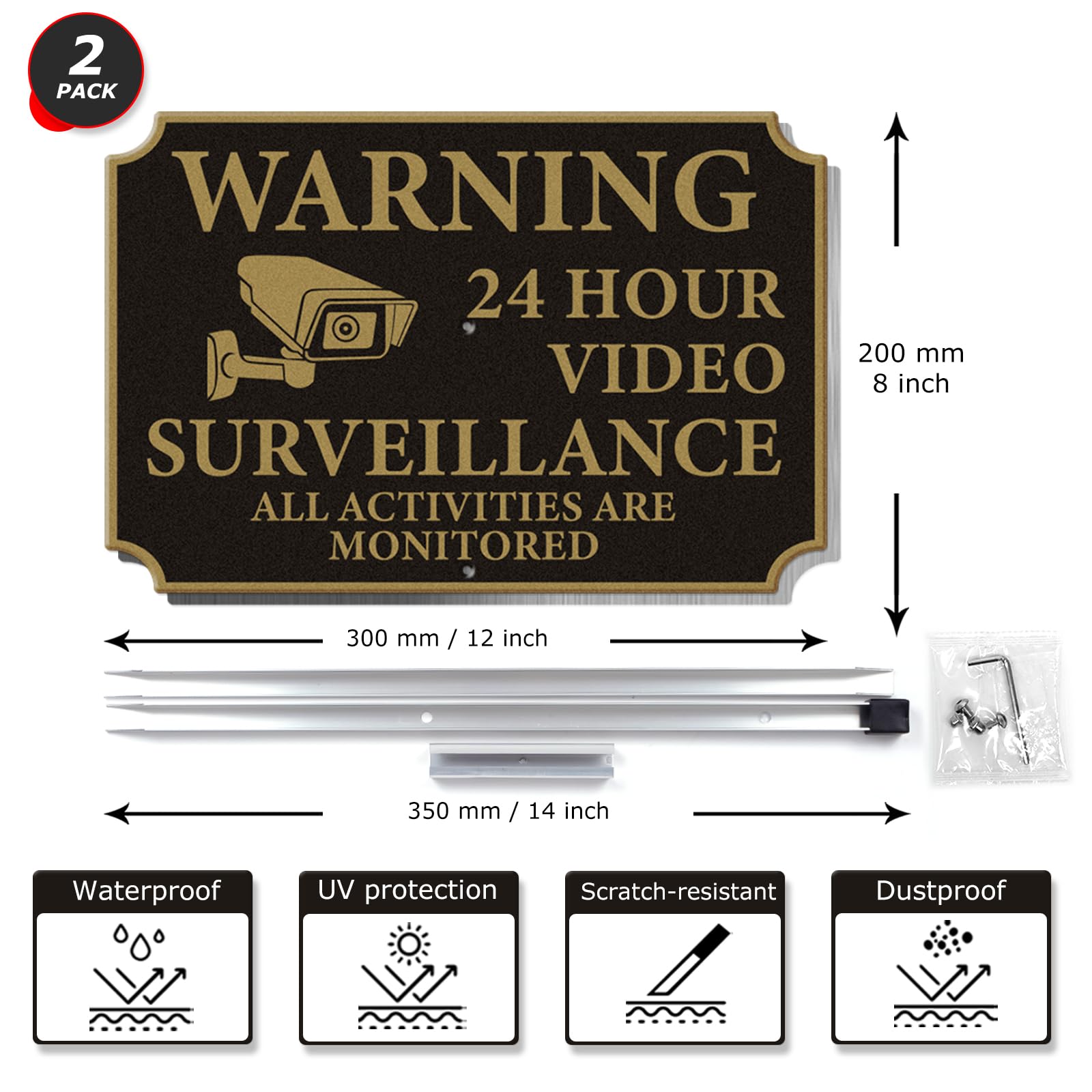 Paquete de 2 letreros de videovigilancia de 24 horas con estaca, 12 x 8 pulgadas, todas las actividades están monitoreadas, señales de advertencia de aluminio, reflectantes, con protección UV