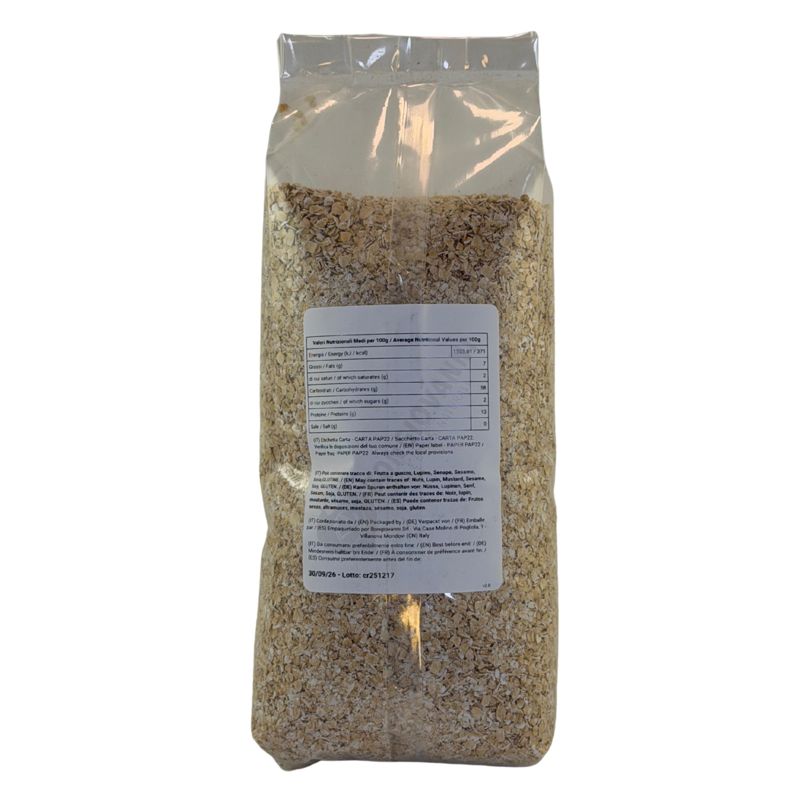 BONGIOVANNI FARINE E BONTA' NATURALI Crusca D'Avena, Macinazione grossa - Formato da 1 kg