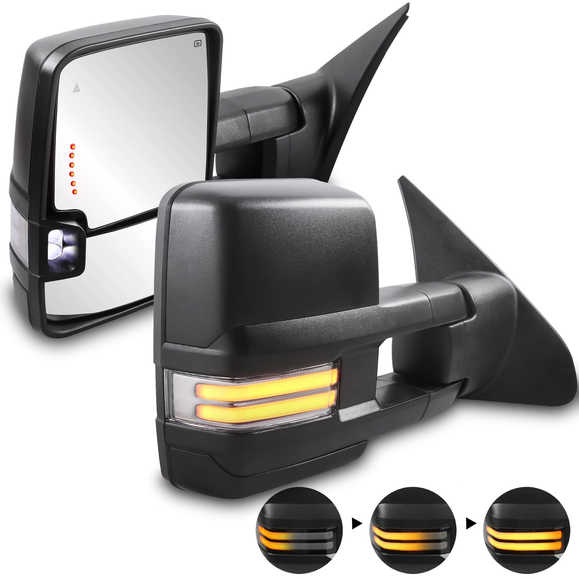 KUIPERAUTO Black Pair Power Heated Towing Mirrors Compatible with 2007-2021 Toyota Tundra/2008-2021 Toyota Sequoia w/Sequential Turn light, Parking Lamp, Blind Spot,Running Light