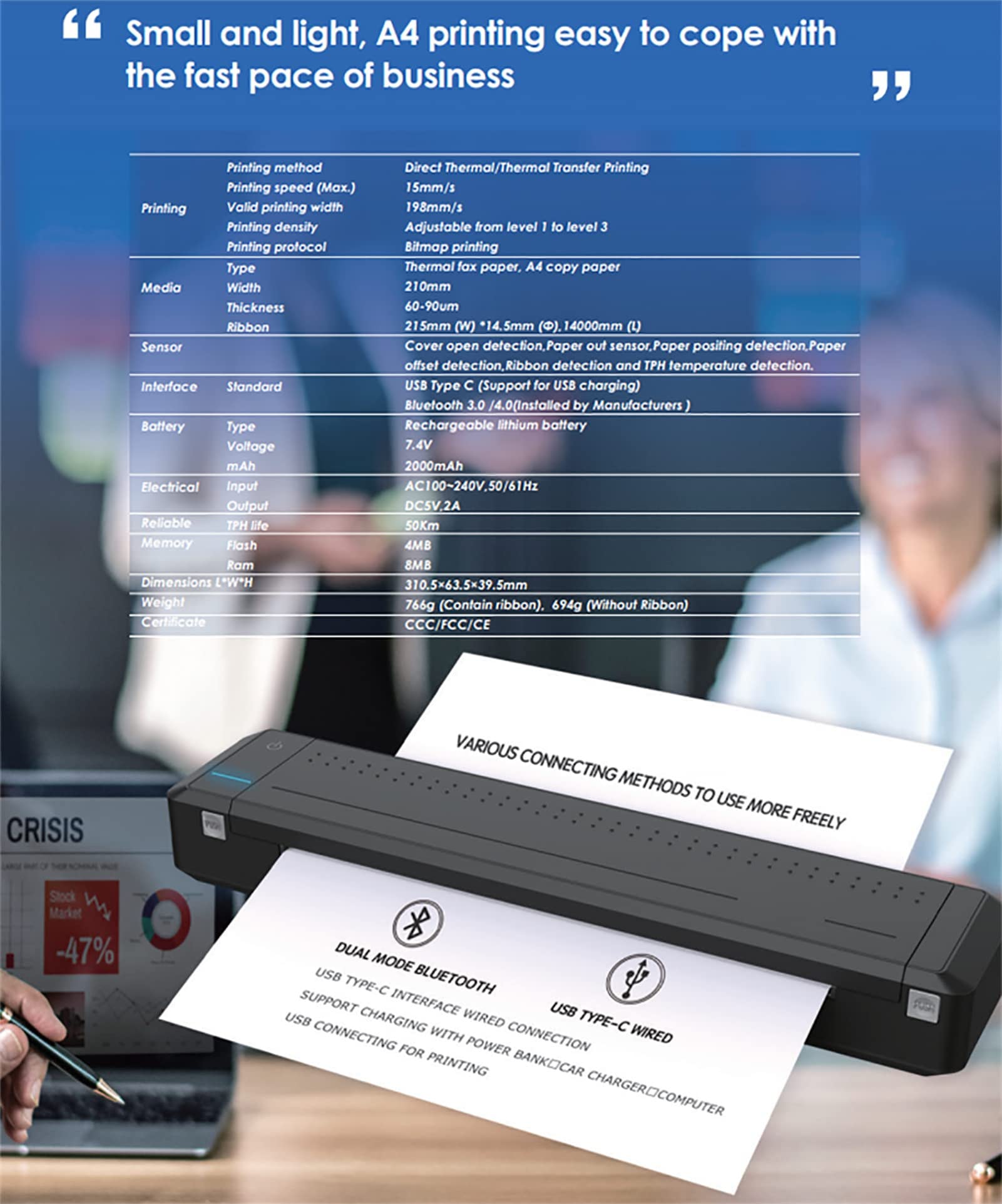 Imprimante Portable Bluetooth à Transfert Thermique A4 pour Ordinateur Portable, Bureau à Domicile, Voyage, Impression Thermique A4, résolution 300 dpi, 310 x 63,5 x 39,5 mm