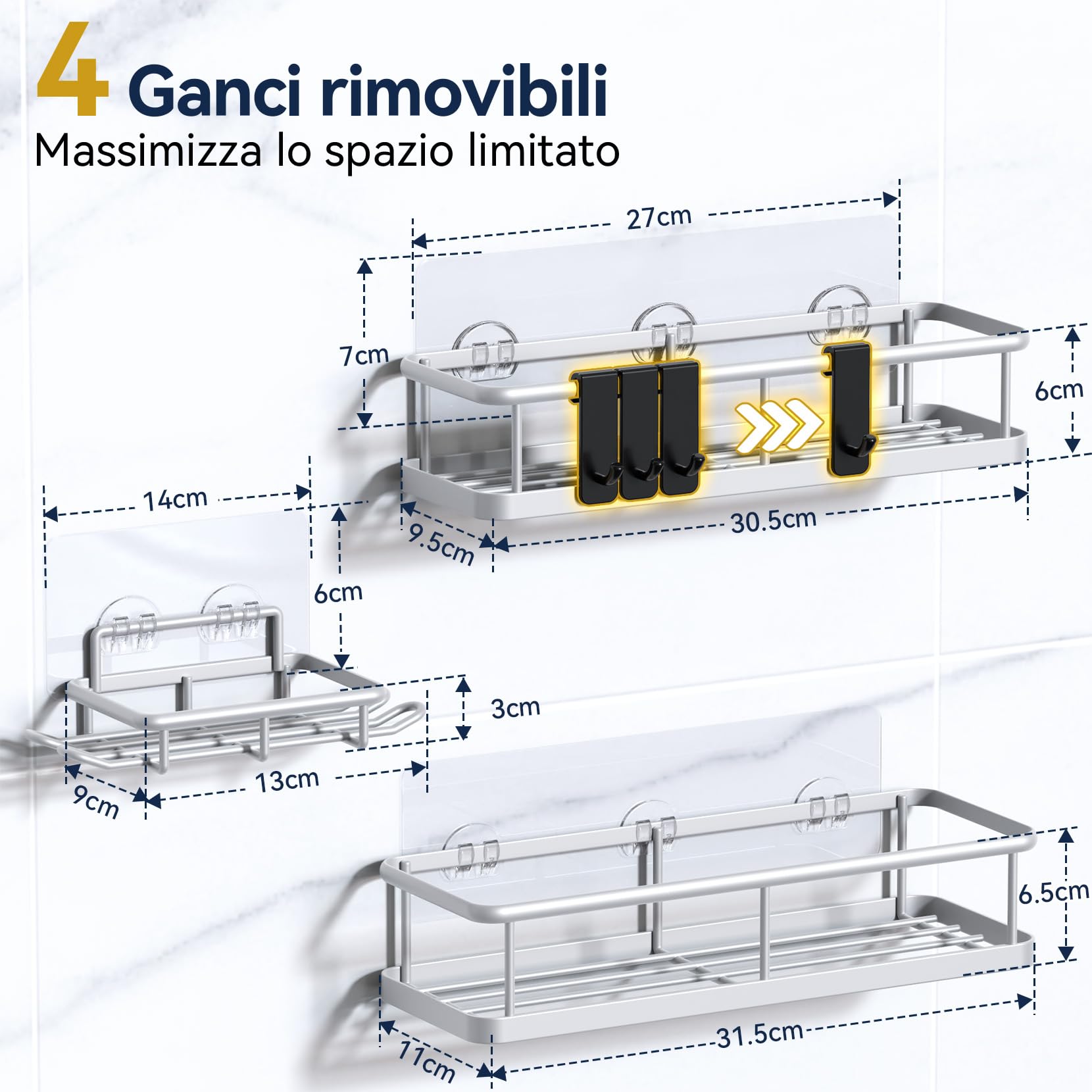 YASONIC 3 Pezzi Mensola doccia senza foratura, portaoggetti doccia con 4 ganci removibili, Organizer bagno con Portasapone doccia, Autoadesivo Mensole Bagno Organizzatore, Argento