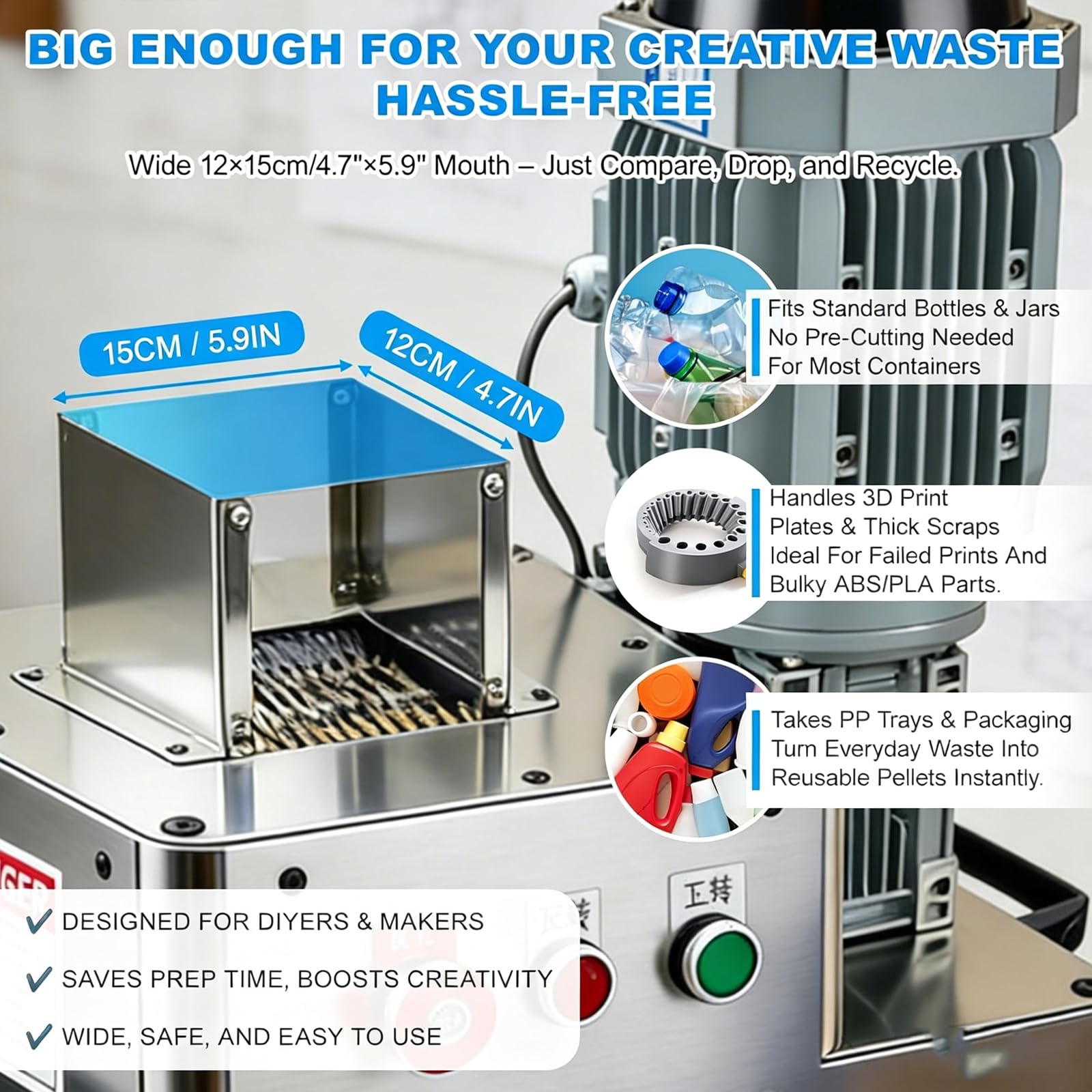 TYH Trituratore Elettrico per Plastica, Trituratore per Plastica da 1,5 KW per Riciclaggio, Trituratore per Plastica per Stampanti 3D, capacità 10-20 kg/h
