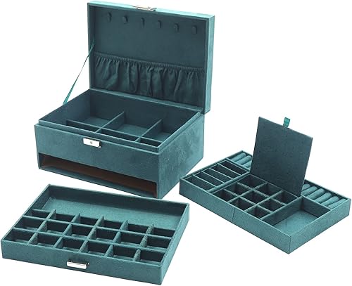 Miniatura 3 de Caja organizadora de joyas para mujer, 3 capas de gran capacidad, cajas de joyería de terciopelo verde con cerradura para anillos, collares, aretes,