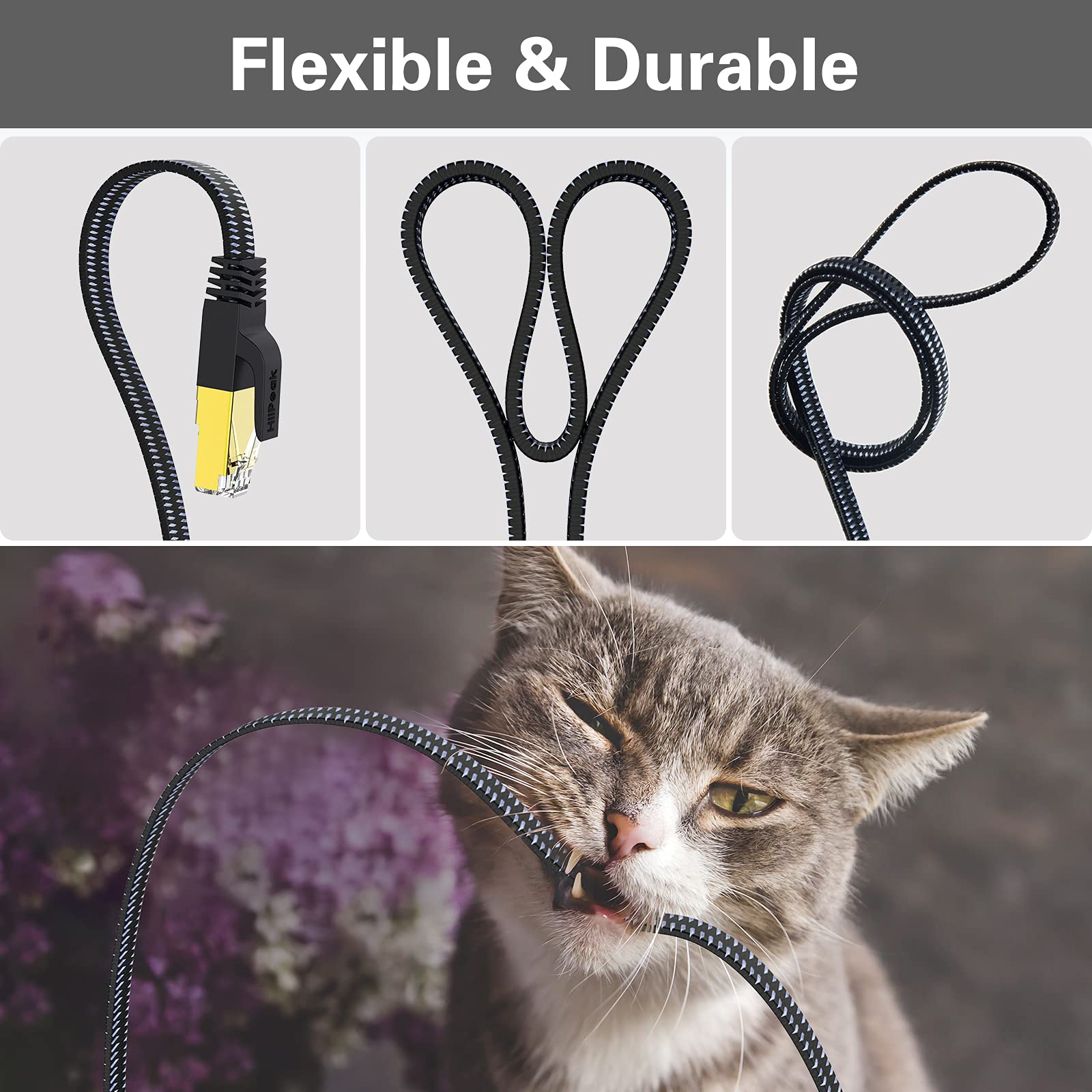 HiiPeak Cable Ethernet 30 metros Cat 8 Nailon Plano, Cable Red Lan Alta Velocidad 40 Gbit/s y 2000 Mhz con Conectores Rj45 Chapados en Oro, Cable internet