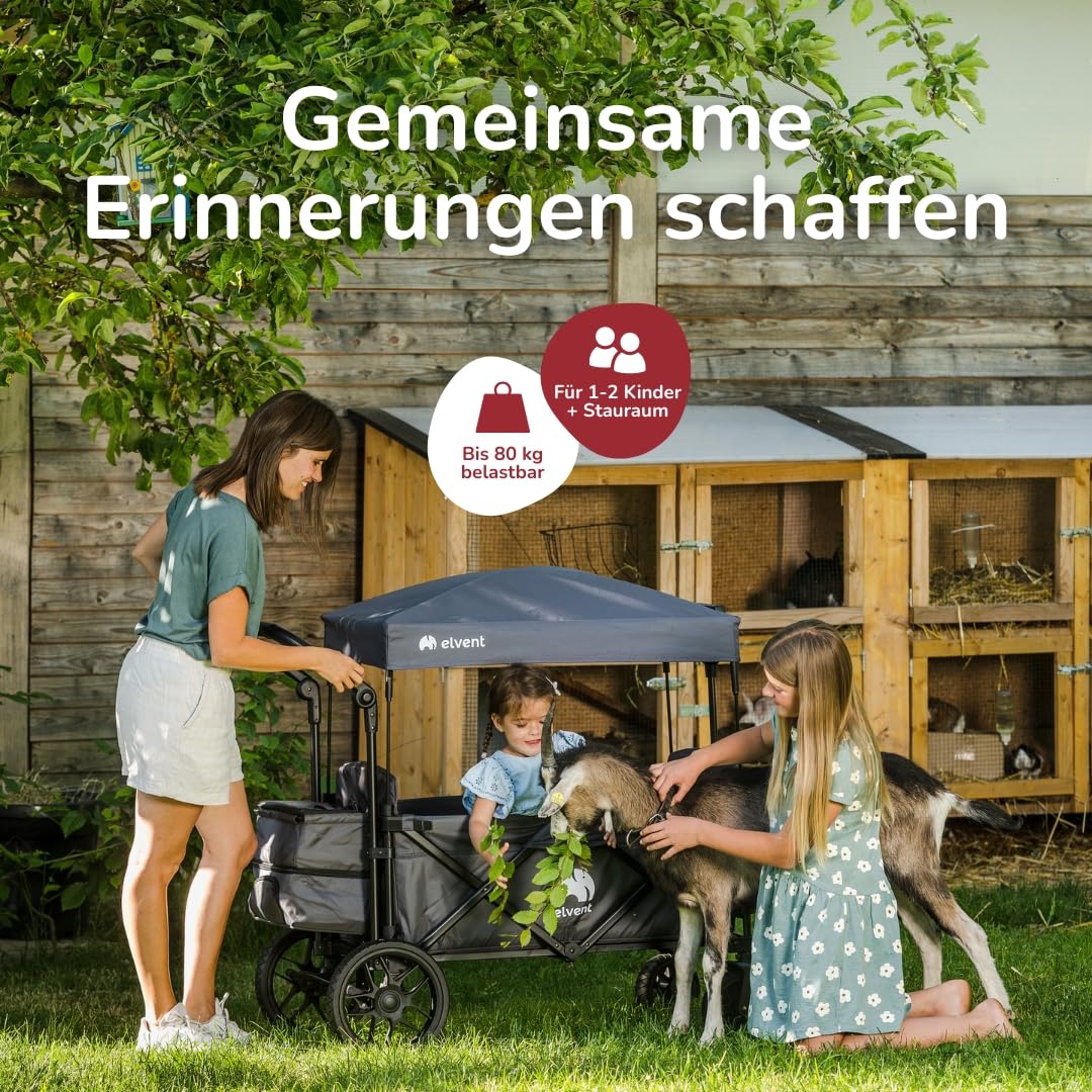 elvent® Allrounder City Bollerwagen - faltbar mit Dach | Sitzpolster, Hecktasche, Feststellbremse, 5-Punkt-Gurt I 2 Kinder (Schwarz)