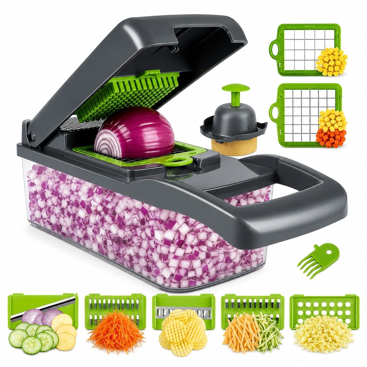 12-in-1 Vegetable Chopper with Container, Onion Cutter, Mandoline Slicer, Dicer & Grater, Multifunction Manual Food Chopper with 8 Interchangeable Blades for Fruits & Vegetables-image-43