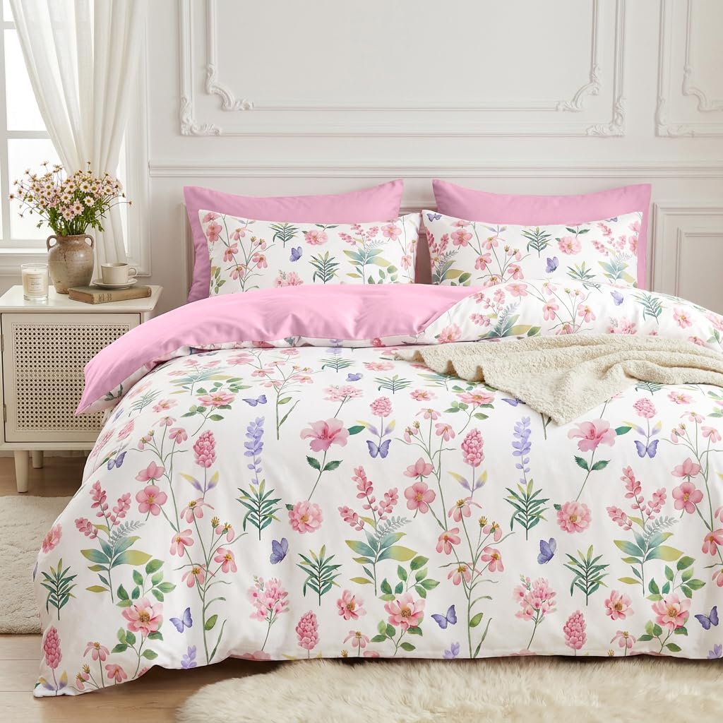 CCoutueChen Pink & Green Floral Bedding Set, Queen, 3 Pcs, 90"x90" | For Girls, Botanical Comforter, Cottagecore Decor, Soft Microfiber, 2 Pillowcases