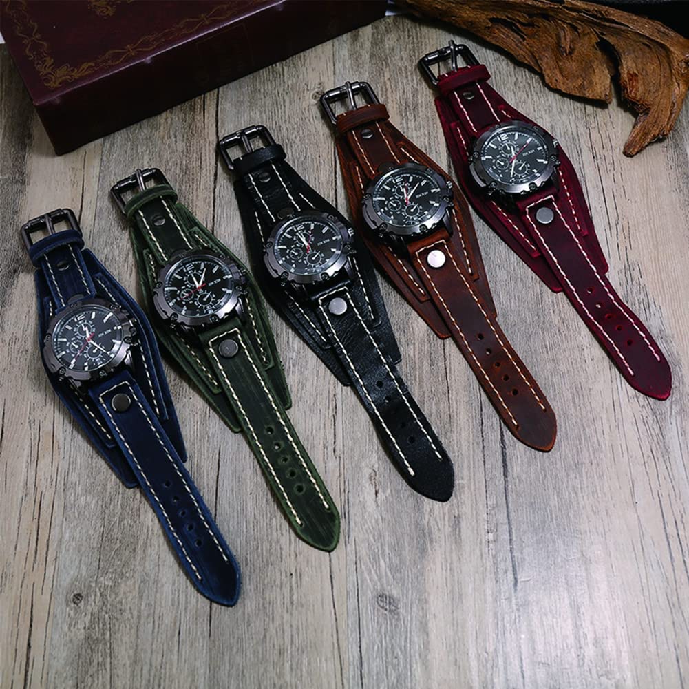 ZFSBRTL Orologio Uomo Pelle, Orologio al Quarzo con Incisione Vintage Nordico Bracciale Vichingo | Regalo per Il 1° Anniversario, Regalo Compleanno | Gioielli Motociclista Steampunk,Blu