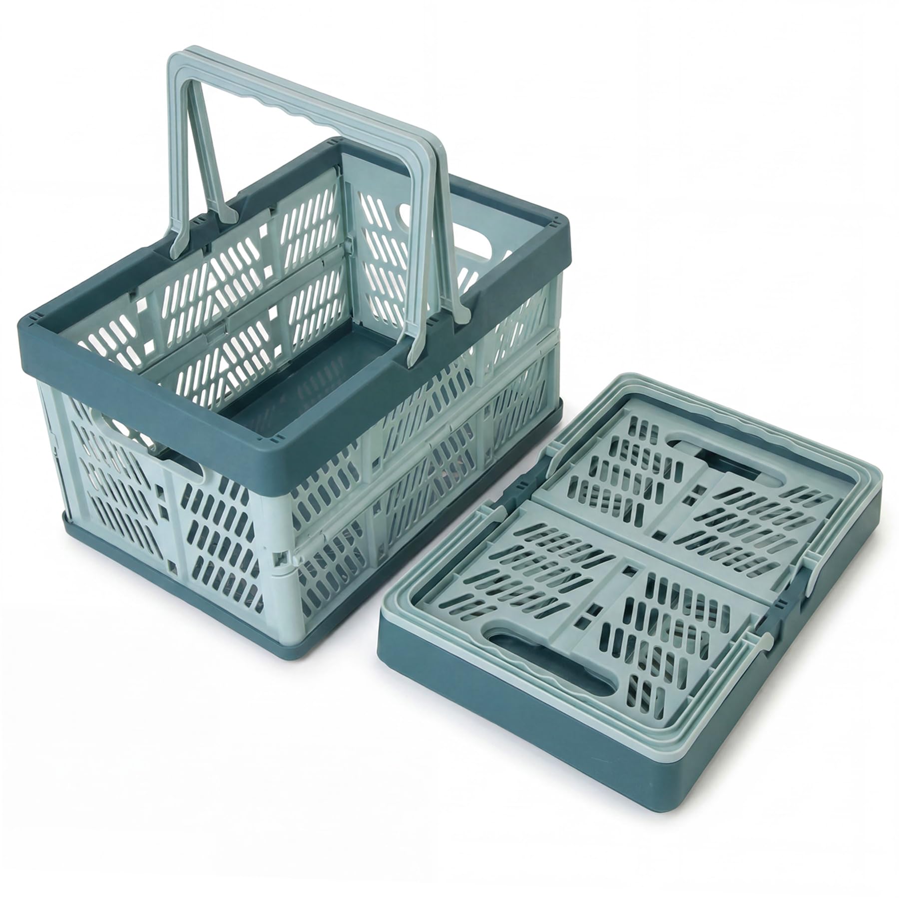 Brezento 2 Pcs Folding Crates Storage Boxes with Handles, 38x25x20cm Collapsible Shopping Baskets Foldable Storage Crates for Home Office(Blue)