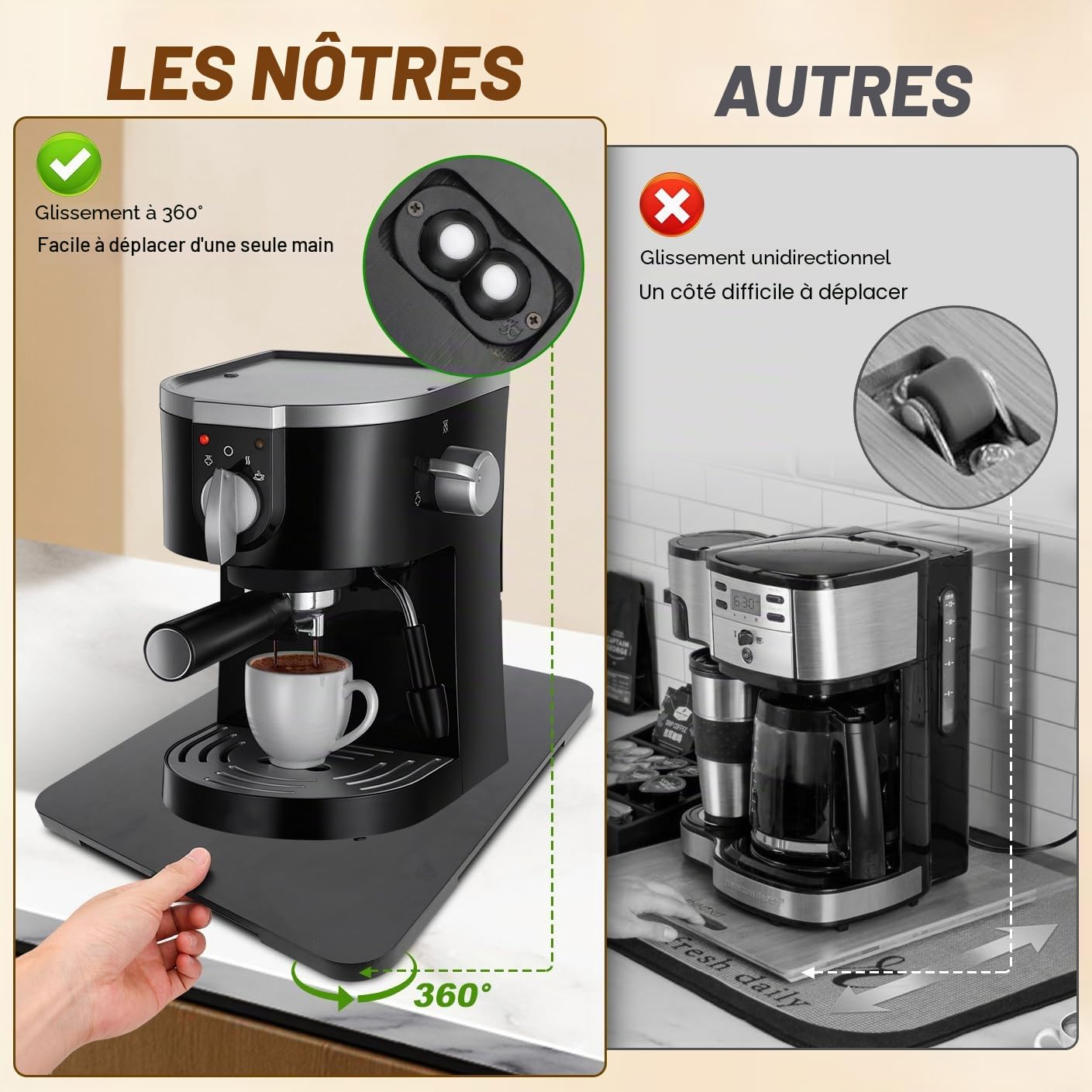 Plateau coulissant à 360° pour machine à café, plateau coulissant en bambou pour plan de travail, tapis coulissant pour appareils de cuisine pour machines à expresso noir, 33 x 40 cm