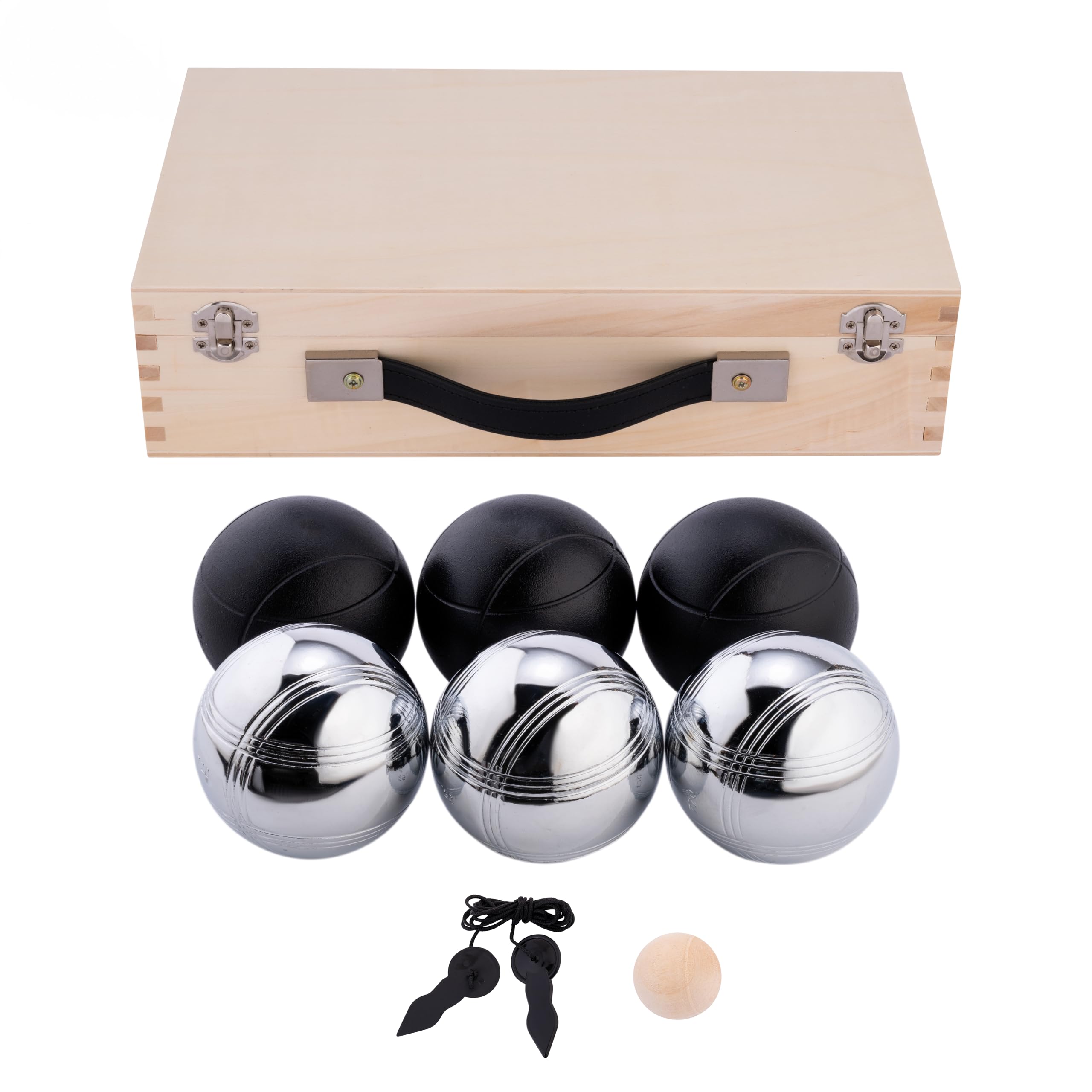 Engelhart - 010208 - Luxury Wooden Pétanque Case - Natural Wood - 74 mm - 6 Boules (3 Grey, 3 Black), Wooden Cochonnet, Tape Measure - 2 Players - From 6 Years - Complete Pétanque Game