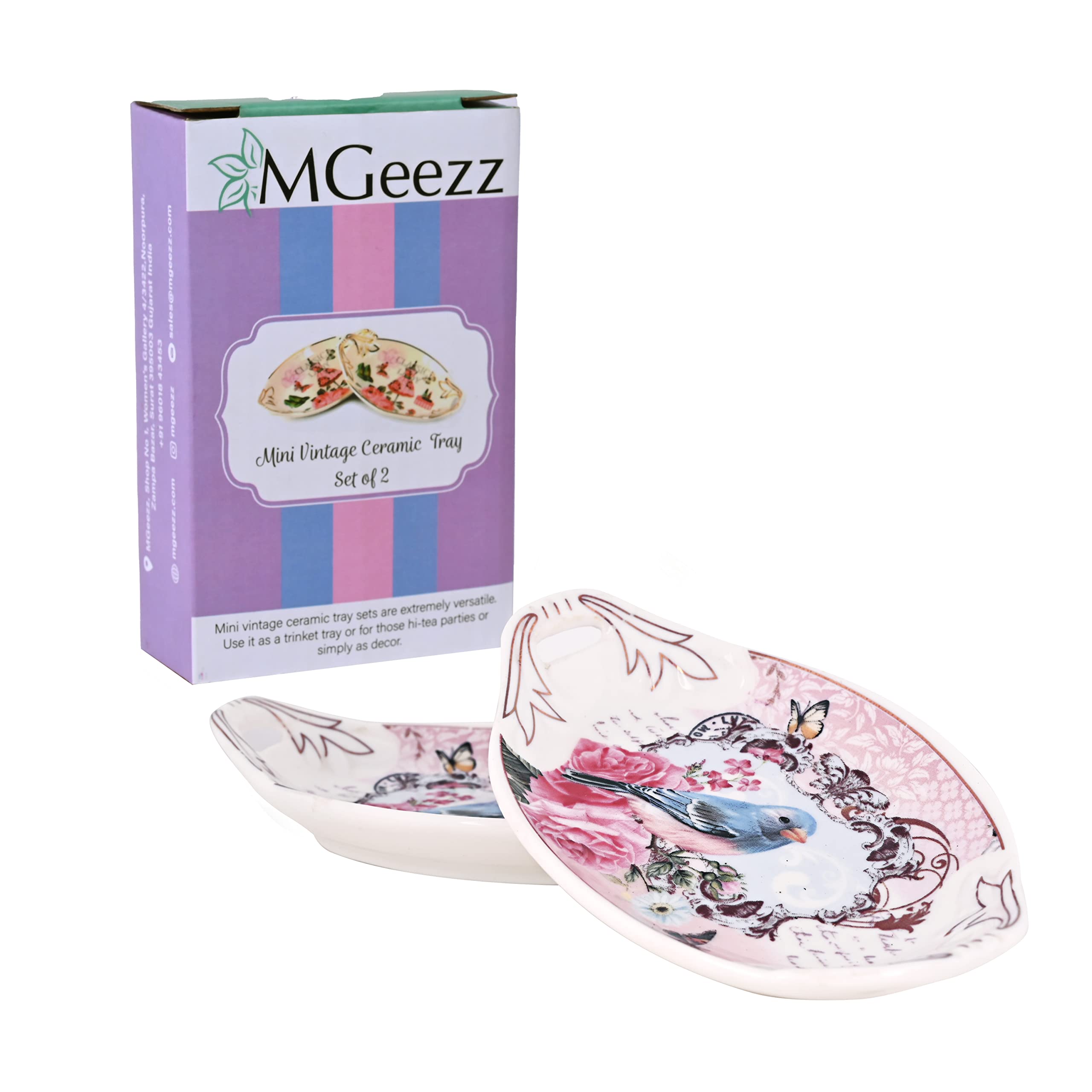 MGeezz Mini Ceramic Serving Tray with Handles for Chocolate,Dry Fruit & Cookies Tray Decorative Tray for Tea Bag/Modern Design Ceramic Dessert Serving Plat for Tableware or Restaurant Desk (Bird)