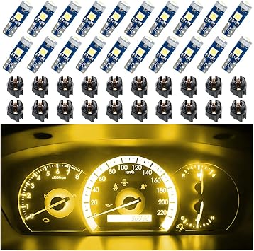 BELOMI 20 Pcs T5 LED Lights for Car Dashboard, High Light Bulb 3030-3SMD Replacement with Twist Lock Socket, Super Bright Light for Instrument Cluster Dashboard Panel Gauge Indicator Yellow