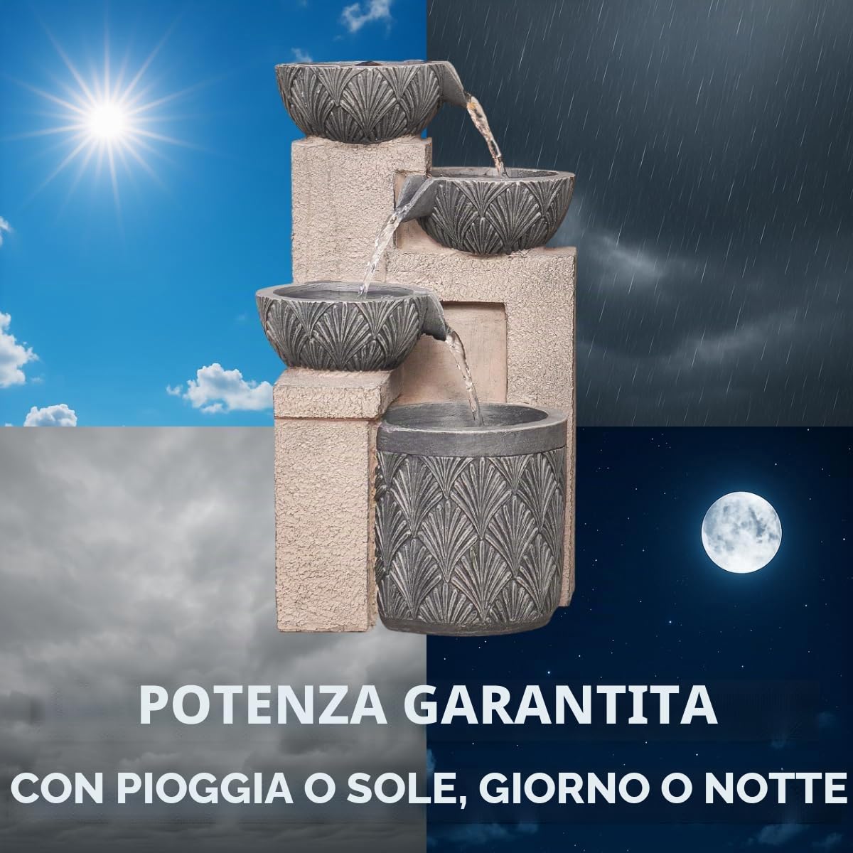 Festive Lights Fontana solare a LED da 42 cm con cascata e ciotole, alimentazione solare e USB, fontana solare da giardino per interni ed esterni, fontana solare per giardino d'acqua all'aperto