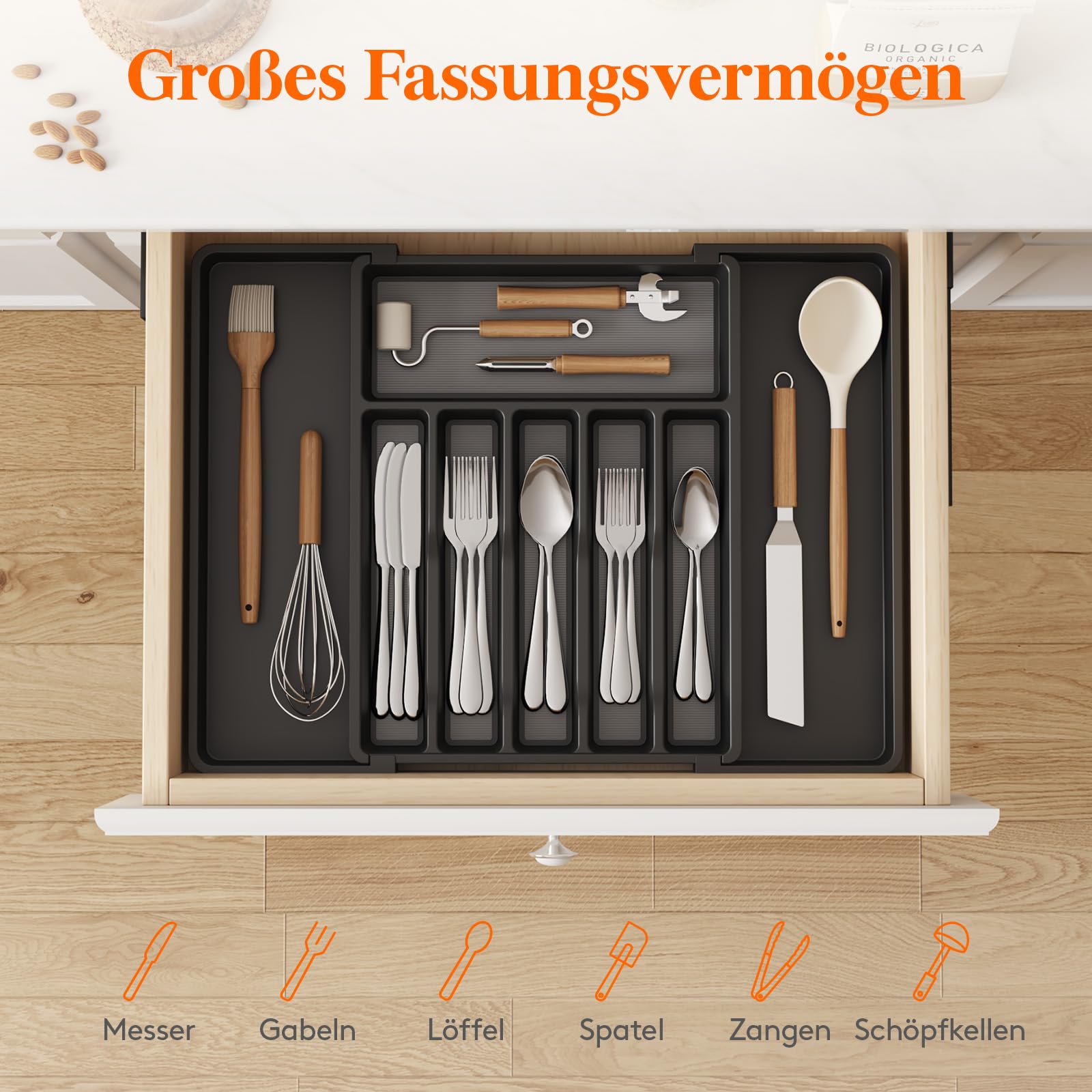 Lifewit Besteckkasten für Schubladen mit Rutschfestes TPR, verstellbarer Kunststoff Organizer Küche Tiefe 42,4 cm, erweiterbar bis 57 cm, Besteckeinsatz für Löffel/Messer, Schwarz & Grau