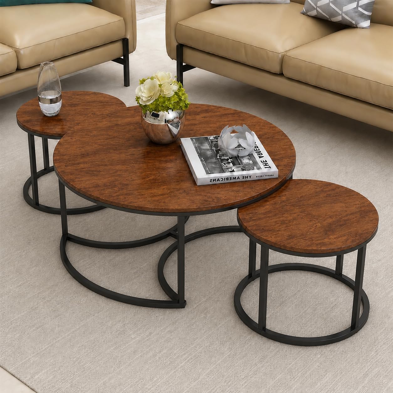 NEST NATURE HAVEN Nesting Tables - Set of 3 Wooden Tabletop and Metal Base Coffee Tables for Living Room - Contemporary Accent Decor Home Furniture 55.9D x 55.9W x 45.8H - Centimeters (Black Brown)-image-41
