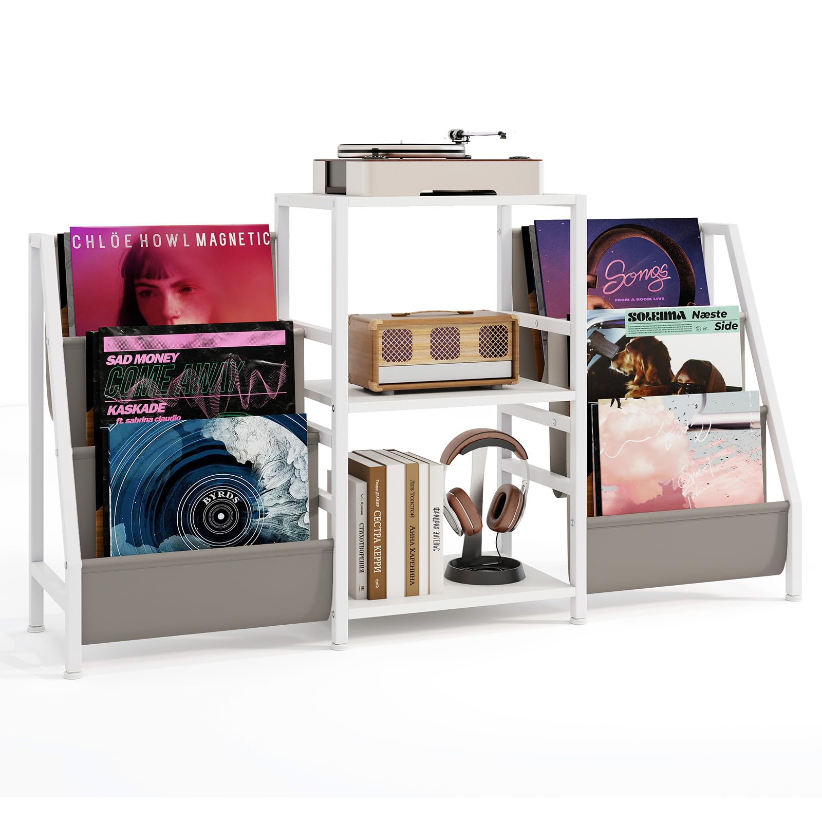 GIANTEX Soporte para Tocadiscos con 3 Estantes Abiertos y 6 Bolsillos de Almacenamiento, Combinación Flexible, Estantería para Discos de Vinilo, 125x30x69cm, Mueble para Salón, Dormitorio (Blanco)