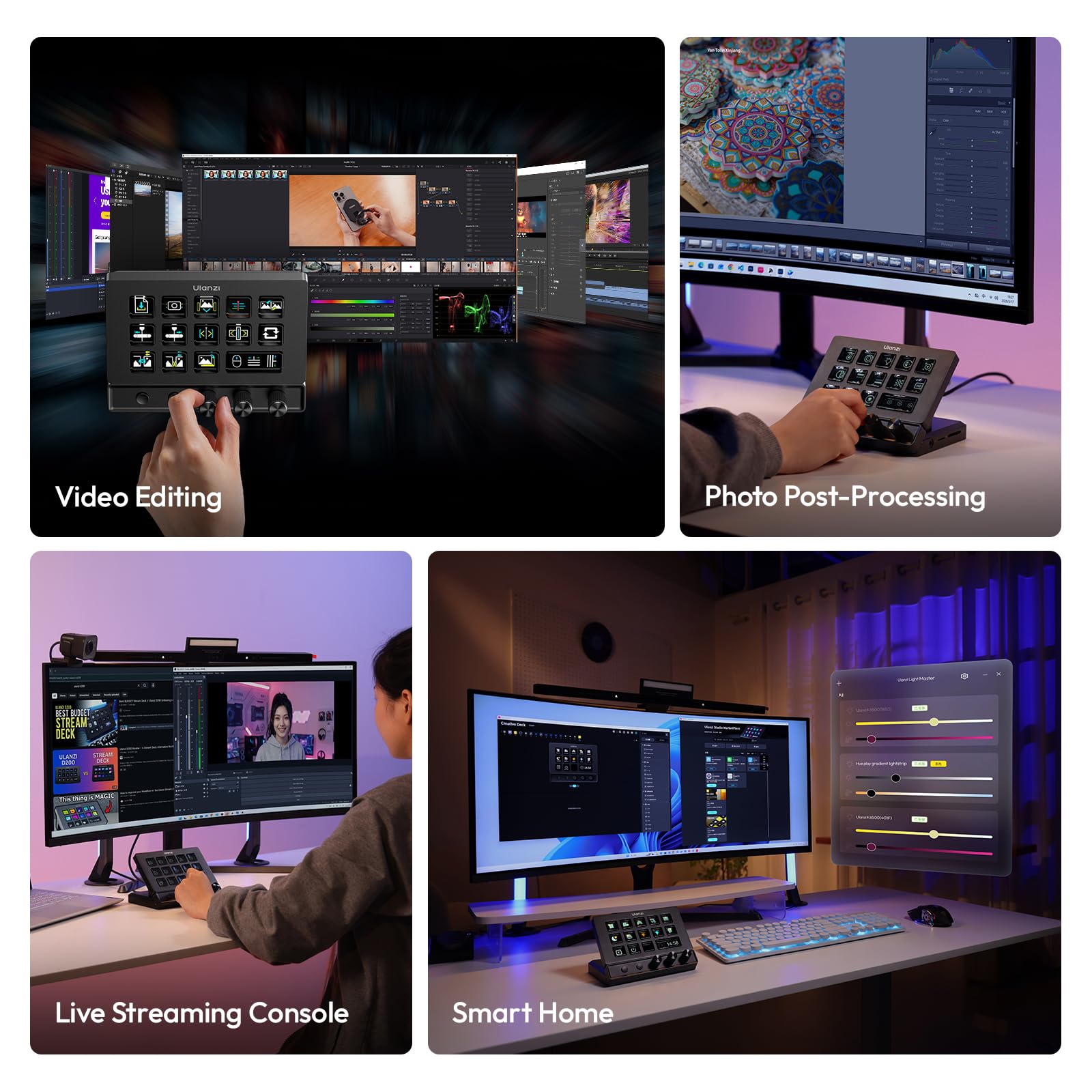ULANZI D200X Controlador de Streaming con 3 Mandos, Teclado Macro con 14 Teclas LCD Personalizables y Estación de Acoplamiento con Concentrador USB-C 8 en 1 y Salida HDMI 4K para Fotografía y PC