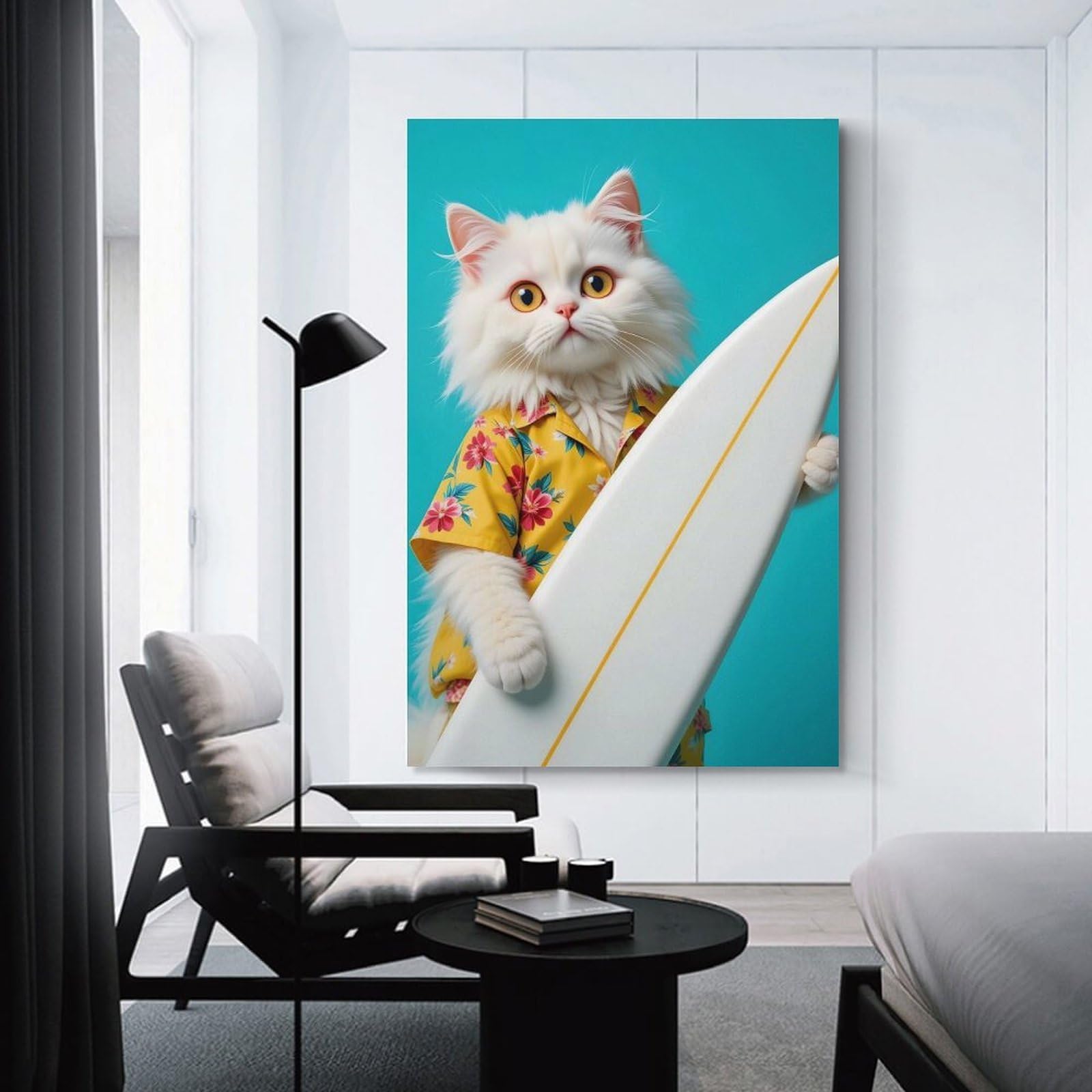 Junmoney Hanging Wall Art Cat Surfer, 24x36inch(60x90cm), for Entryway, Lounge Links Or Small Walls, A Neat Decor Update for Hallways