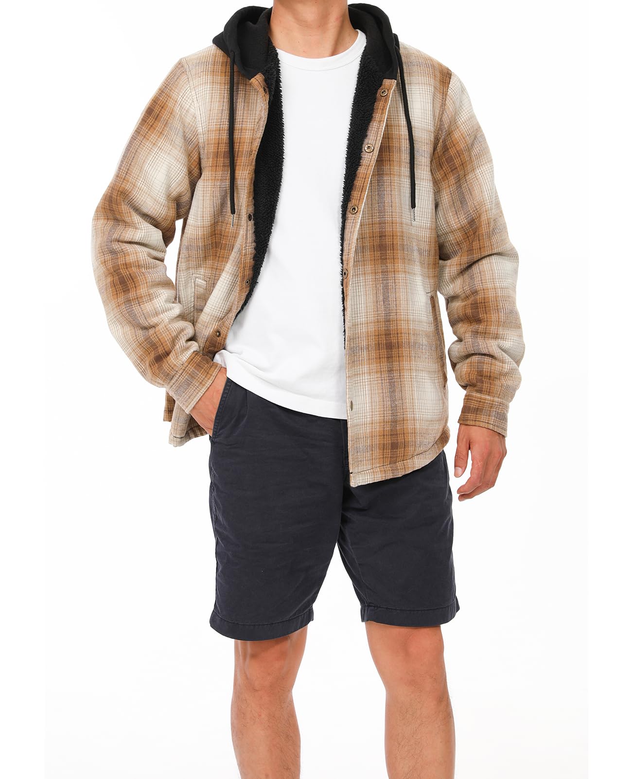 ZENTHACE Herren-Sherpa-Futterte Flannel-Hemdjacke, Knopfverschluss mit Druckknöpfen, Winter-Plaid-Shacket mit Kapuze