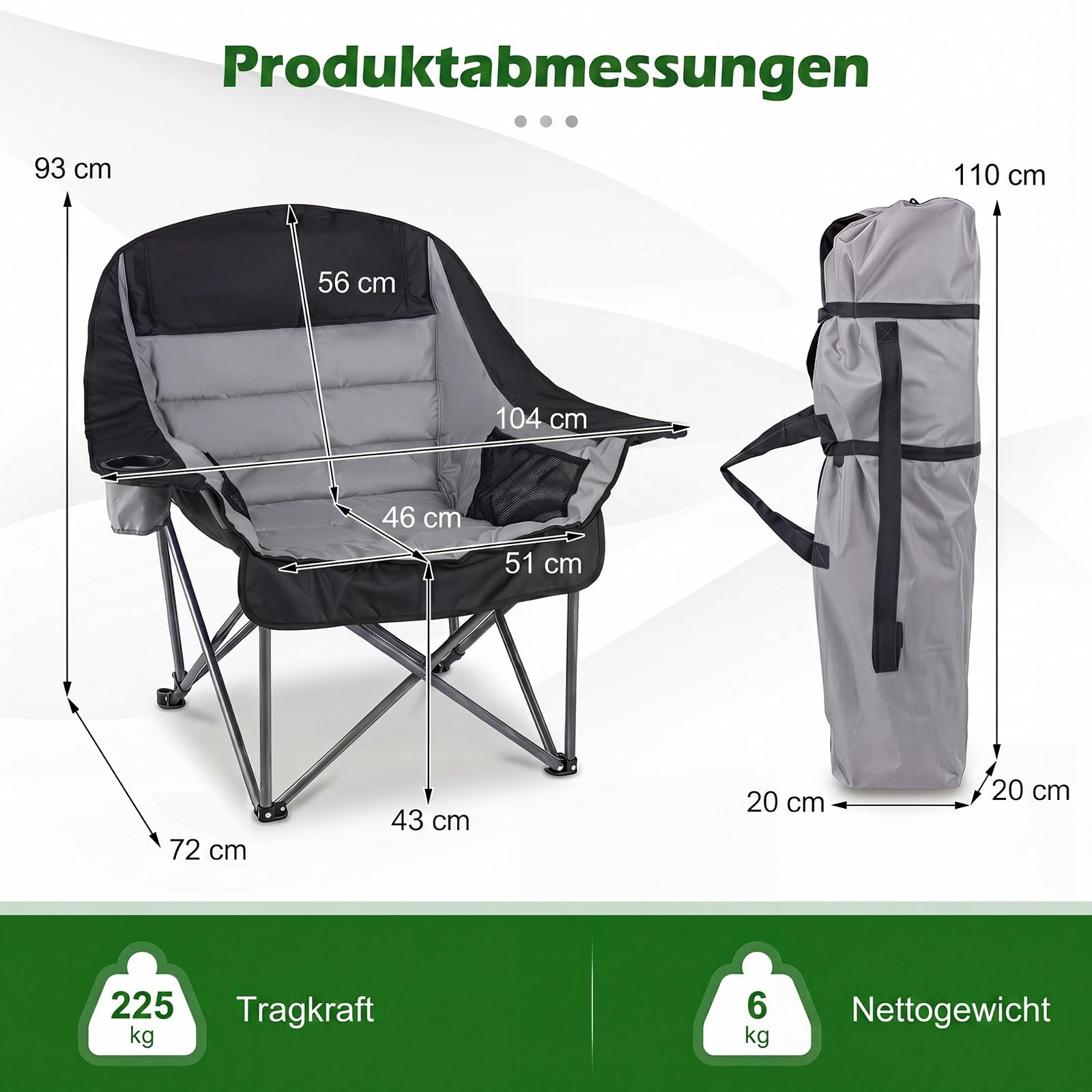 COSTWAY Campingstuhl Faltbar XXL 225KG Belastbar, Klappstuhl Gepolstert, Übergroßer Angelstuhl mit Getränkehalter & Netztaschen, Faltstuhl für Camping, Picknick, Garten, Strand (Schwarz + Grau)