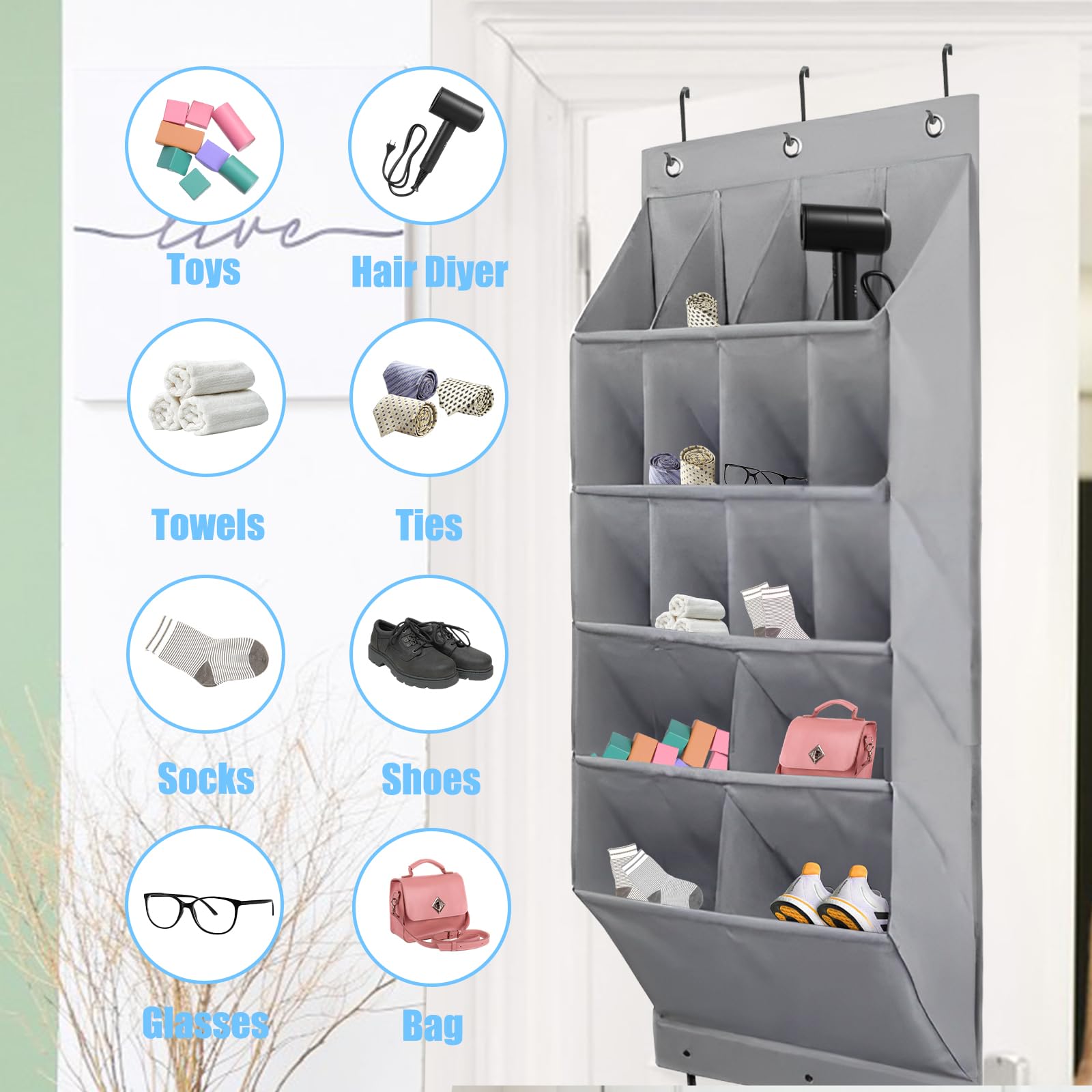 Organizer Scarpe Da Appendere - 16 Tasche Portascarpe Per Porta Armadio Grigio | Risparmio Spazio - Foto 3