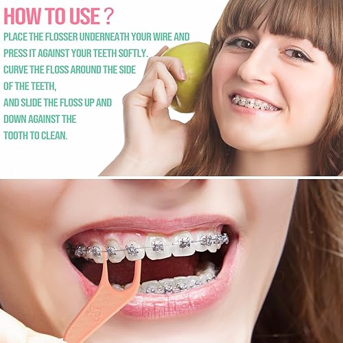 Miniatura 5 de Dr. Emma Hilos Dentales de Ortodoncia para Brackets, Palillos de Hilo Dental Ortho, Sabor a Menta 60 UnidadesBolsa (Rosa, Paquete de 2)