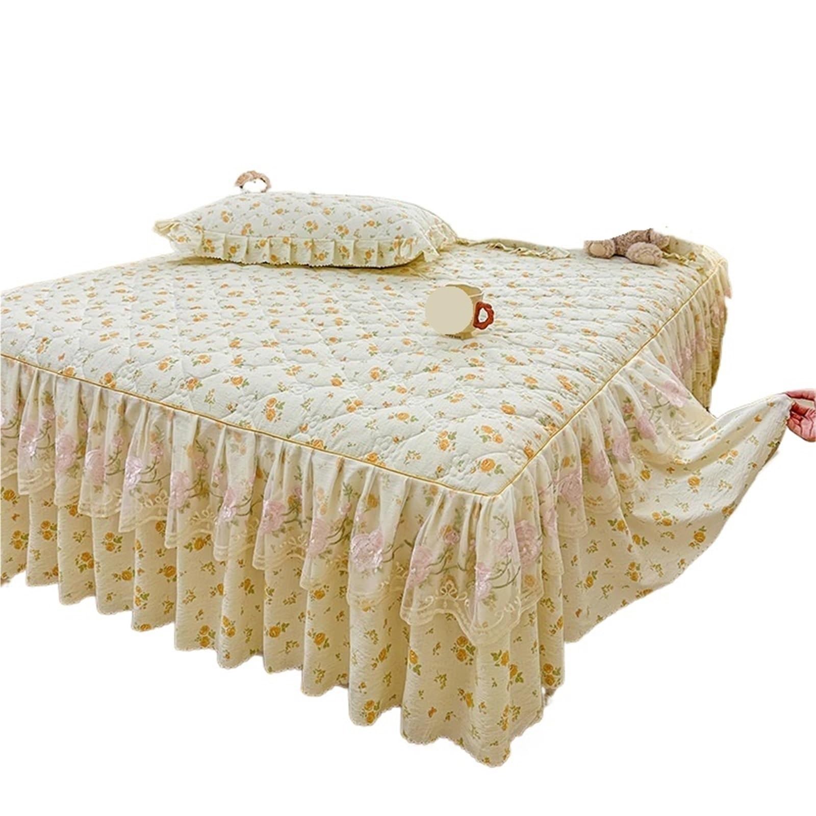 Ruffled Bed Skirt 1pc Quilted Bed Skirt Soft Printed Bedspread Ruffles Linen With Elastic Band Home Cover (No Pillowcase)(F,SKing 200x220cm 1pc)