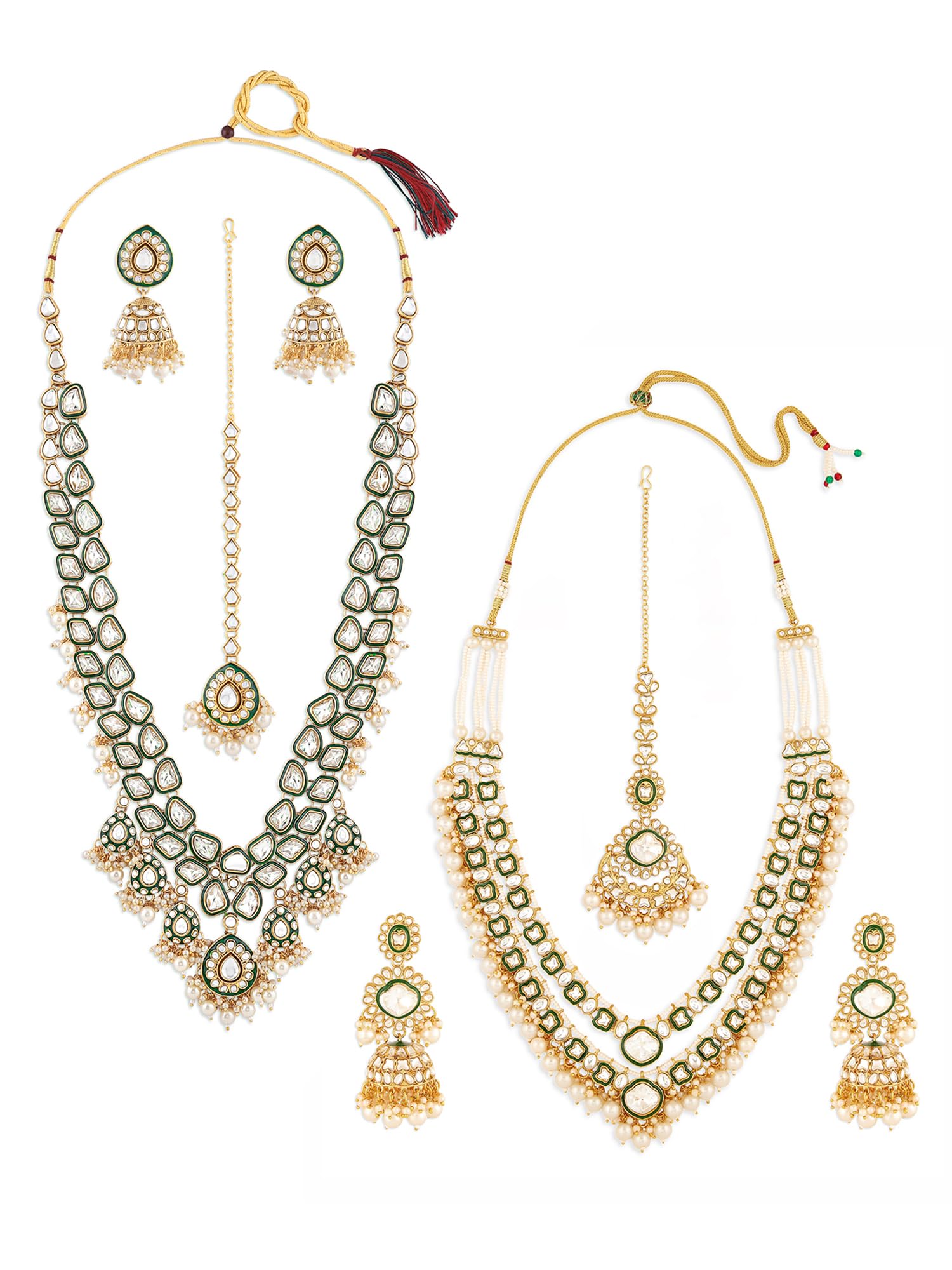 zaveri pearls Combo of 2 Green Meenakari Kundan Bridal Necklaces Earrings & Maangtikkas Set For Women-ZPFK21396-picture-38