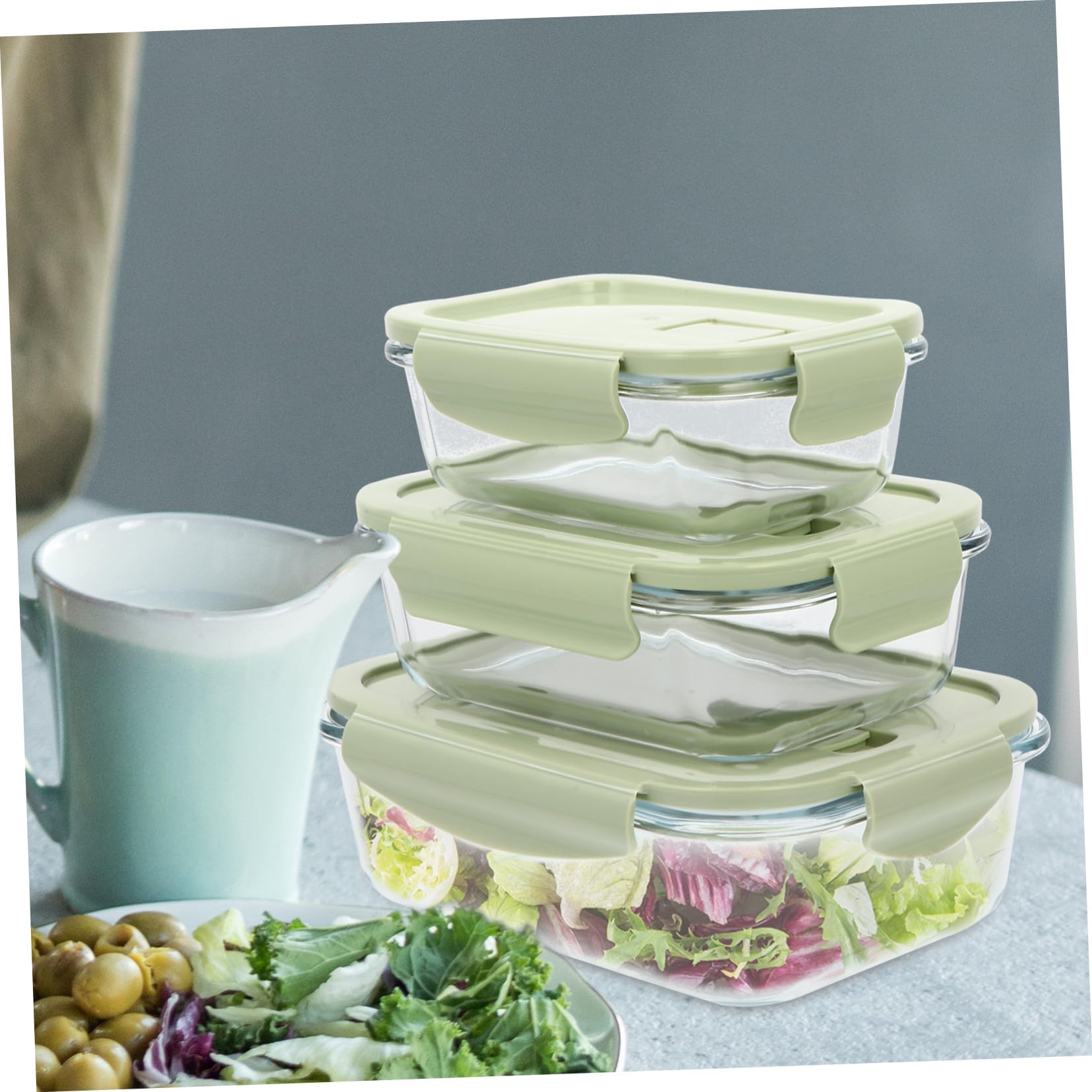 Hohopeti Boîte à Bento en Verre 3 Pièces Vert, Couvercle Pp Facile à Ouvrir