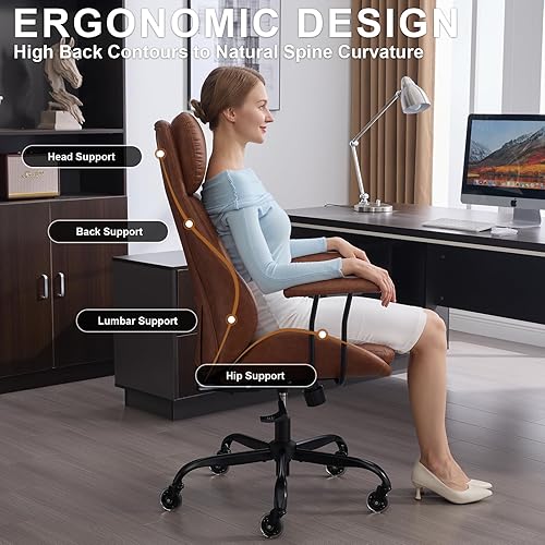 Miniatura 3 de Silla de escritorio de oficina en casa, silla ergonómica de PU para computadora con soporte lumbar, altura ajustable, silla giratoria de 360,