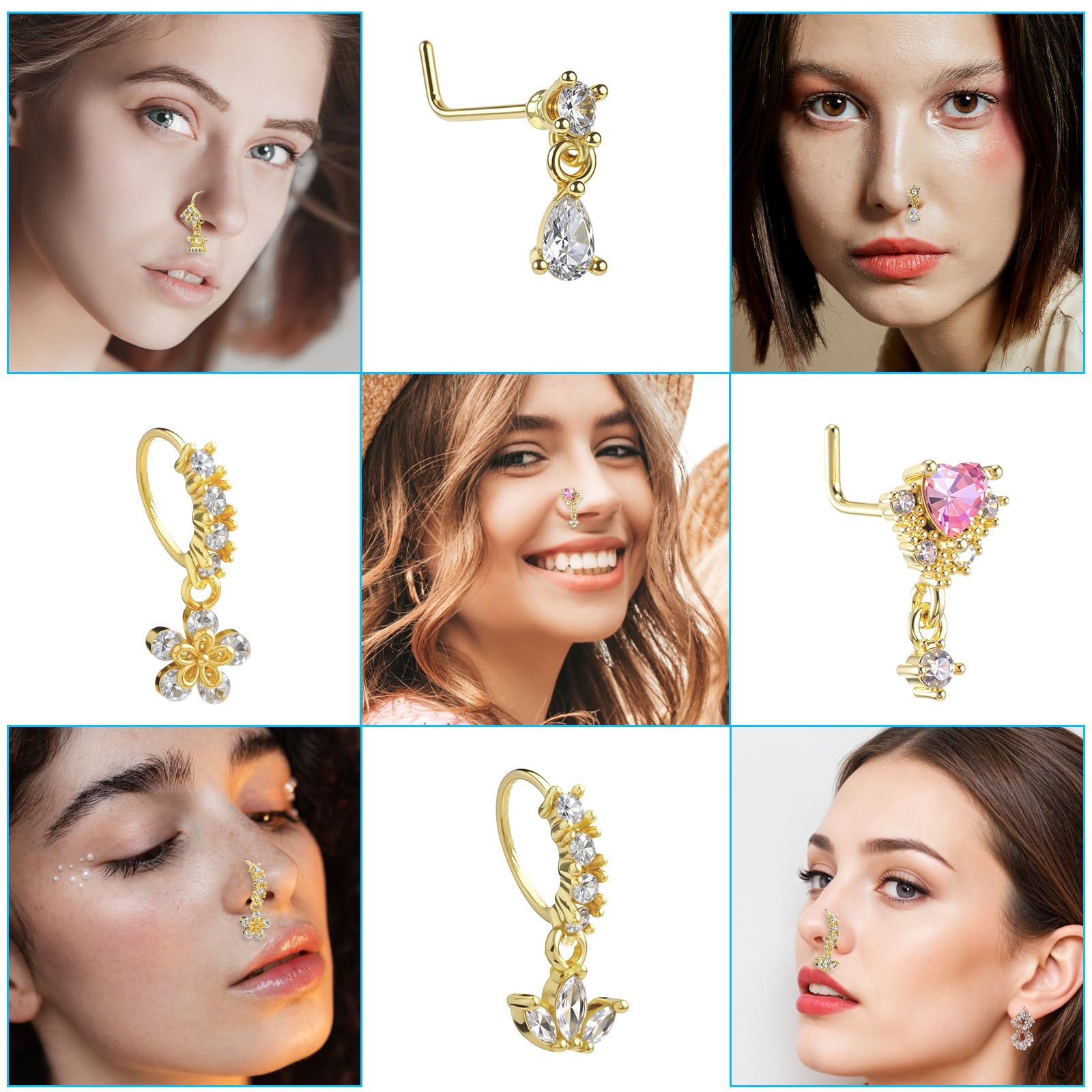 Lot de 10 anneaux de nez pendants pour femme - 20 g - En forme de L - Jolis anneaux de nez avec breloque en zircone cubique - Bijoux de piercing indien - Boucles d'oreilles de cartilage pour femme