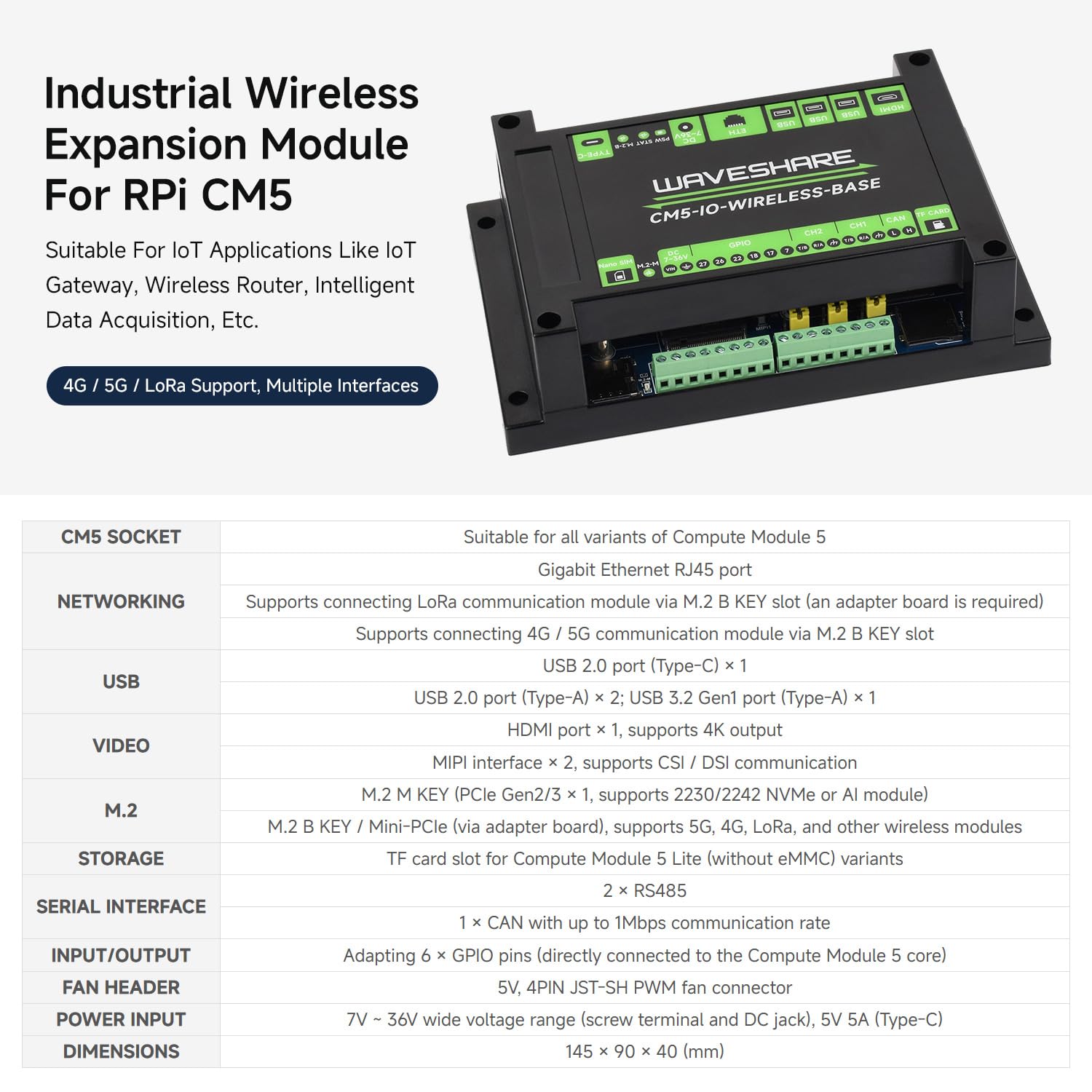 Waveshare Industrial IoT Wireless Expansion Board For Raspberry Pi CM5, 4G / 5G / Lora Expansion Support, Gigabit Ethernet RJ45 Port, Dual MIPI Interfaces, Supports 4K Output